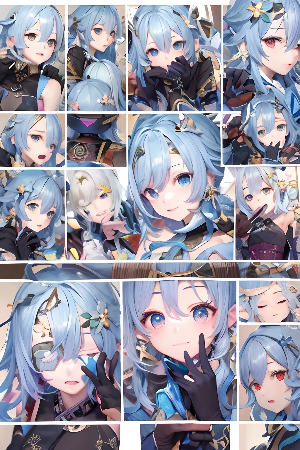 （Femininity：1.5）， kaeya （genshin impact）， （1boys：1.4）， （female focus：1.5）， blindfolds， White-skinned female， mitts， 独奏， jewely， Blue hair， 耳Nipple Ring， （long whitr hair：1.1）， eBlue eyes， single earring， White-colored skin， By bangs， black glove， ssmile， Fingerless gloves， Keep one's mouth shut， （at centre：1.4）， （dynamicposes：1.5）， （complexdetails：1.2）， 8k wallpaper， （Highest image quality：1.5）， （8k：1.4）， （tmasterpiece）， （hyper-detailing）， （detailedeyes：1.4）， （Clear details：1.3），