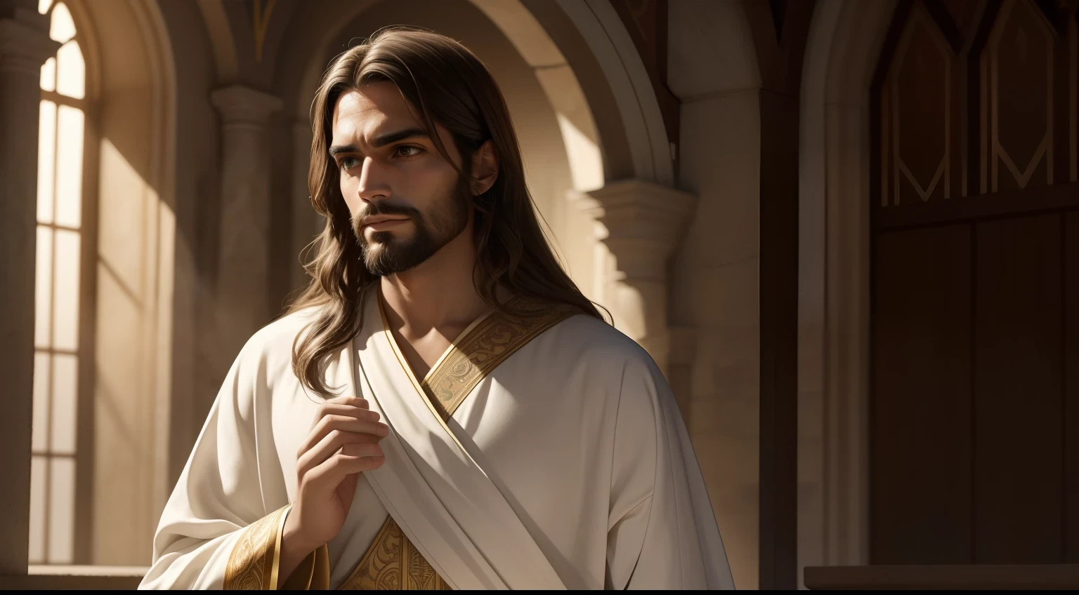 high-definition image of Jesus Christ that conveys a sense of serenity and compassion. Na imagem, Jesus deve ser retratado de maneira respeitosa e reverente, wearing traditional robes from biblical times. It can be in a tranquil natural setting, com uma suave luz dourada que destaque seu rosto e figura. Seu olhar deve transmitir sabedoria e amor, while your hands may be open in a welcoming gesture. A imagem deve ser detalhada e realista, with attention to small details, such as clothing textures and facial features. The main focus should be on Jesus' facial expression and the calm, spiritual atmosphere the scene evokes.