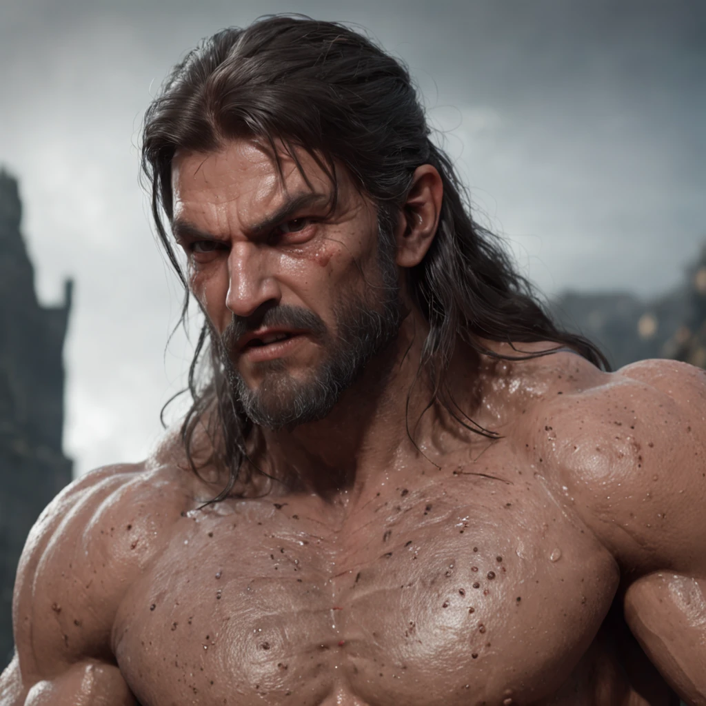 (professional 3d render:1.3) af (Realistic:1.3) most beautiful artwork photo in the world,Features soft and shiny male heroes, ((Epic hero fantasy muscle man rough wet hero angry look long hair short beard and ferocious expression in dynamic pose, Fantastic location, Majestic cluttered environment)), full body 8k unity render, action shot, skin pore, very dark lighting, heavyshading, Detailed, Detailed face, (vibrant, photograph realistic, Realistic, Dramatic, Dark, Sharp focus, 8K), (Old leather garments damaged by weathering:1.4), ((((Wear fur)))), (Intricate:1.4), decadent, (Highly detailed:1.4), Digital painting, rendering by octane, art stations, concept-art, smooth, Sharp focus, illustration, Art germ, (loish:0.23), wlop ilya kuvshinov, and greg rutkowski and alphonse mucha gracias, (Global illumination, Studio light, volumettic light), heavy rain, particles floating, lotr, fantasy, elf, full bodyesbian, ((Dark and ancient city background:1.3)),CGSesociety,art stations