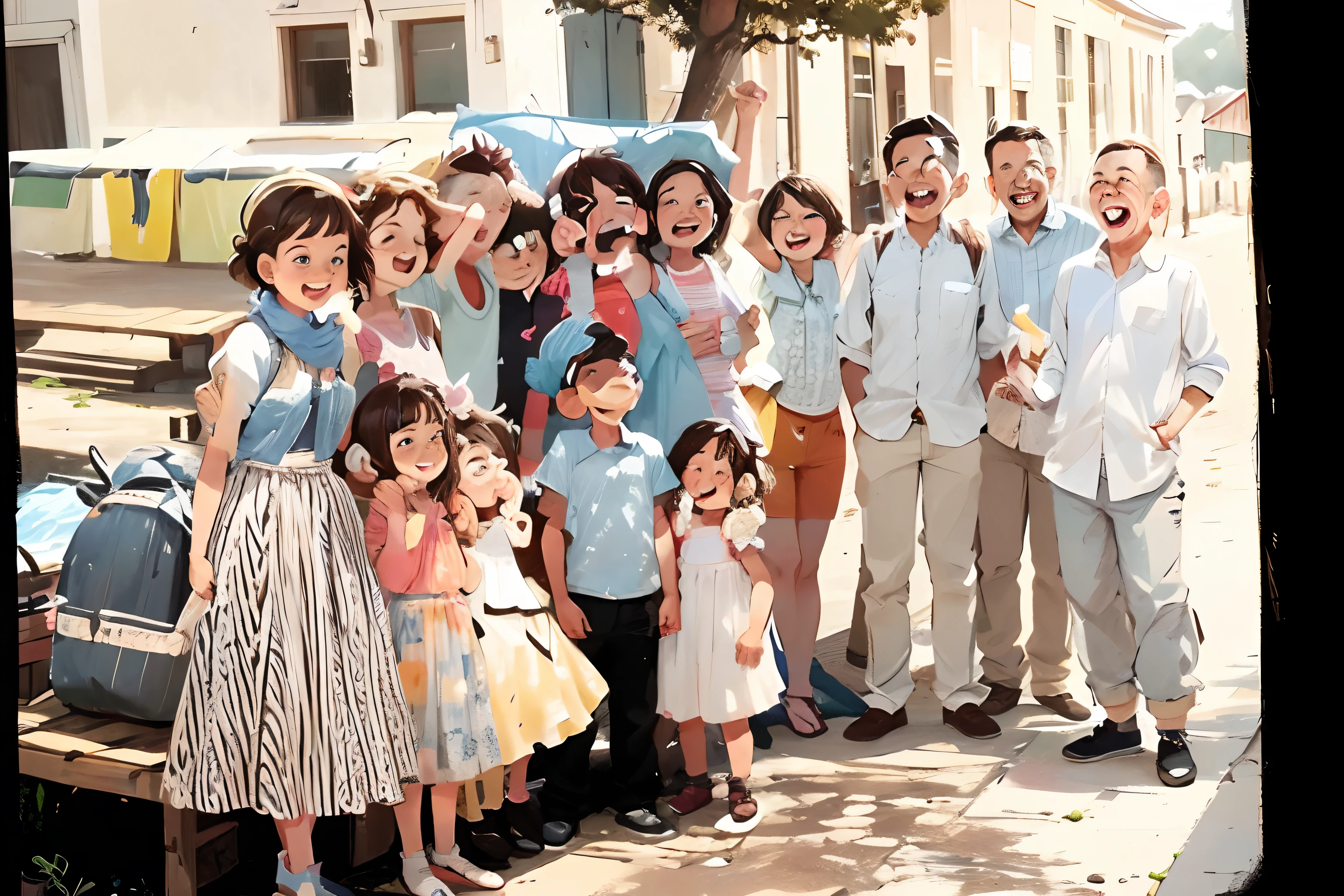 4 children - Pedro (), Sofia (Meninaas (menino) e Clenina) - vestidasoupas coloridas e leves, smiling excitedly on a sunny beach by the sea. They hold an ancient map in their hands as they gaze at a majestic lighthouse in the background. Certifique-se de capturar a brisa do mar, The dancing waves and convey a sense of freedom and discovery.