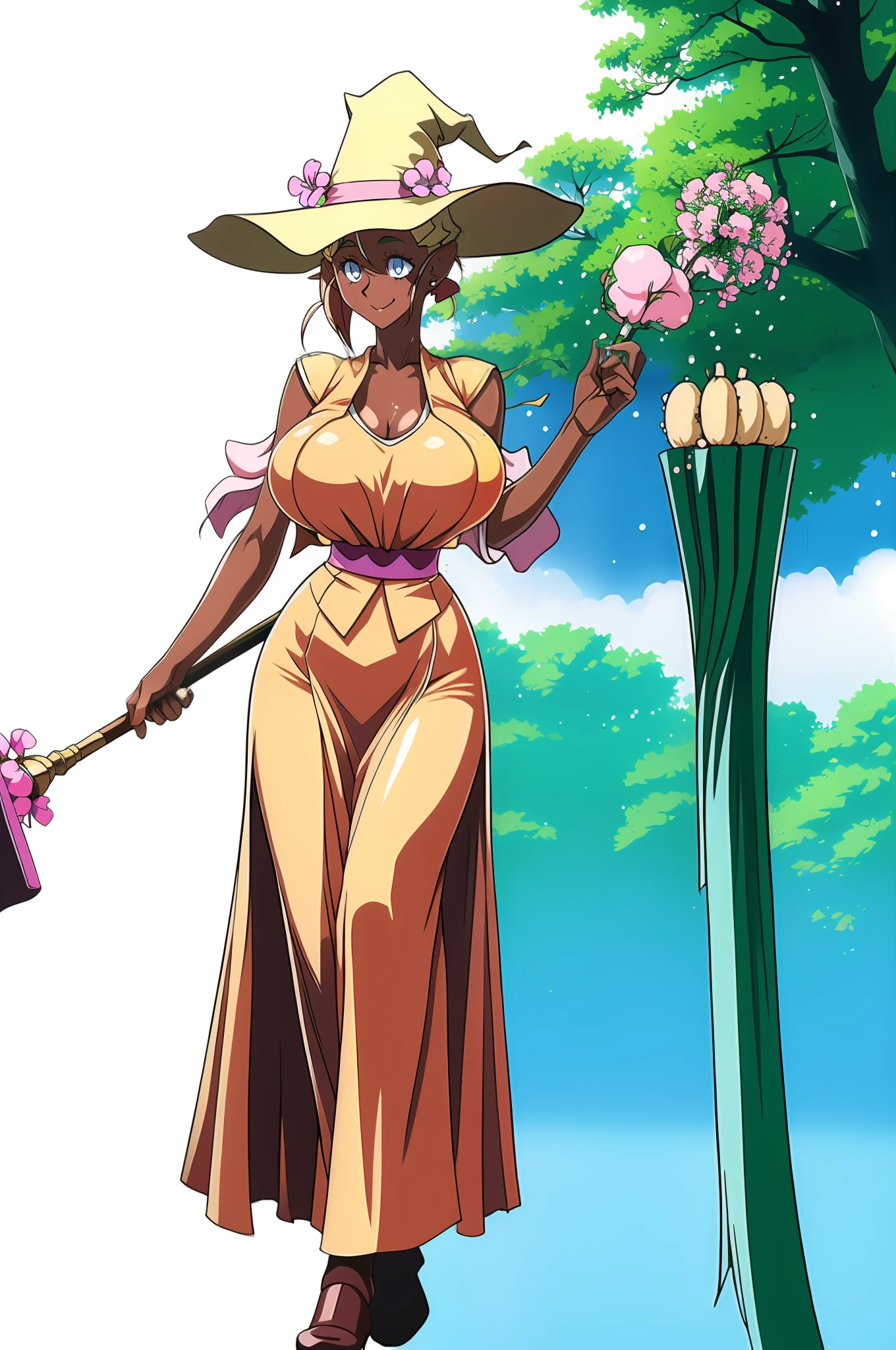 masterpiece, 1girl, kuramitsu mihoshi, full body,long dress,  flowers, cute, outside, trees, forest, wizard, hat, big breast,closed long skirt, large closed skirt, staff holding,smile, raita style, wizard, vest, holding staff