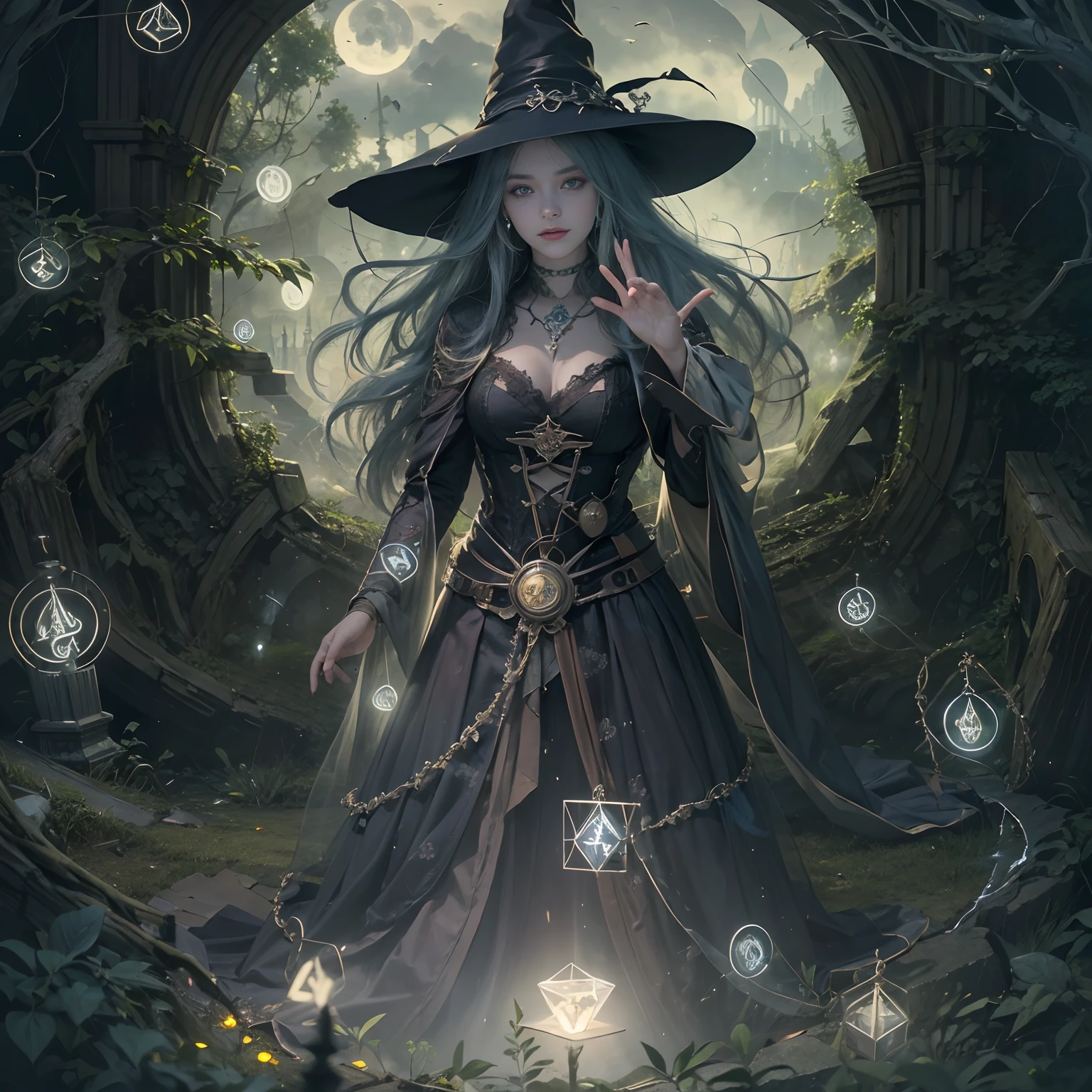 a beautiful modern witch with (witch hat), beautiful face and demonic eyes, facing the camera with grace, practicing her spells and performing a ritual in a mystical forest clearing, surrounded by ((glowing runes)) and ethereal spirits under a full moon, with her outstretched hands glowing with magical energy and a constellation of stars swirling around her, in background there is an ancient, ((crumbling tower, with winding staircases)), spiderwebs, and dusty tomes of forgotten magic, (witchcore, witchcraft, pagan, mystical, nature, occult) , magician, spell magic, magic circle, ((magic in hand)),(masterpiece, best quality:1.4),(absurdres, highres, ultra detailed:1.2),(using dark magic:1.4), imaginative overlays, artistic fusion,fantastical scenes, evocative narratives, striking visuals, upper body ，(((best quality))),(((ultra detailed))),(((masterpiece))),