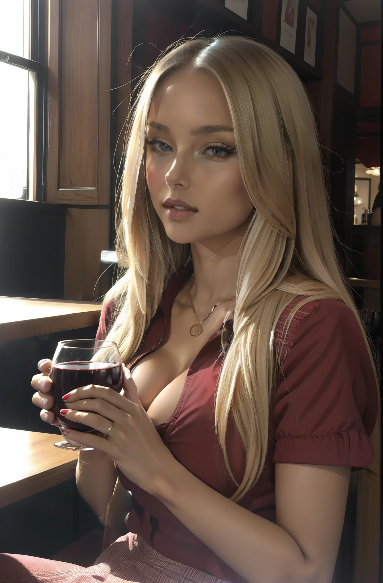 (Mikayla Demaiter), Top image quality, eating hamburger、Shiny blonde hair straight long hair、Cute wine red tay shirt、tea shop、Harajuku