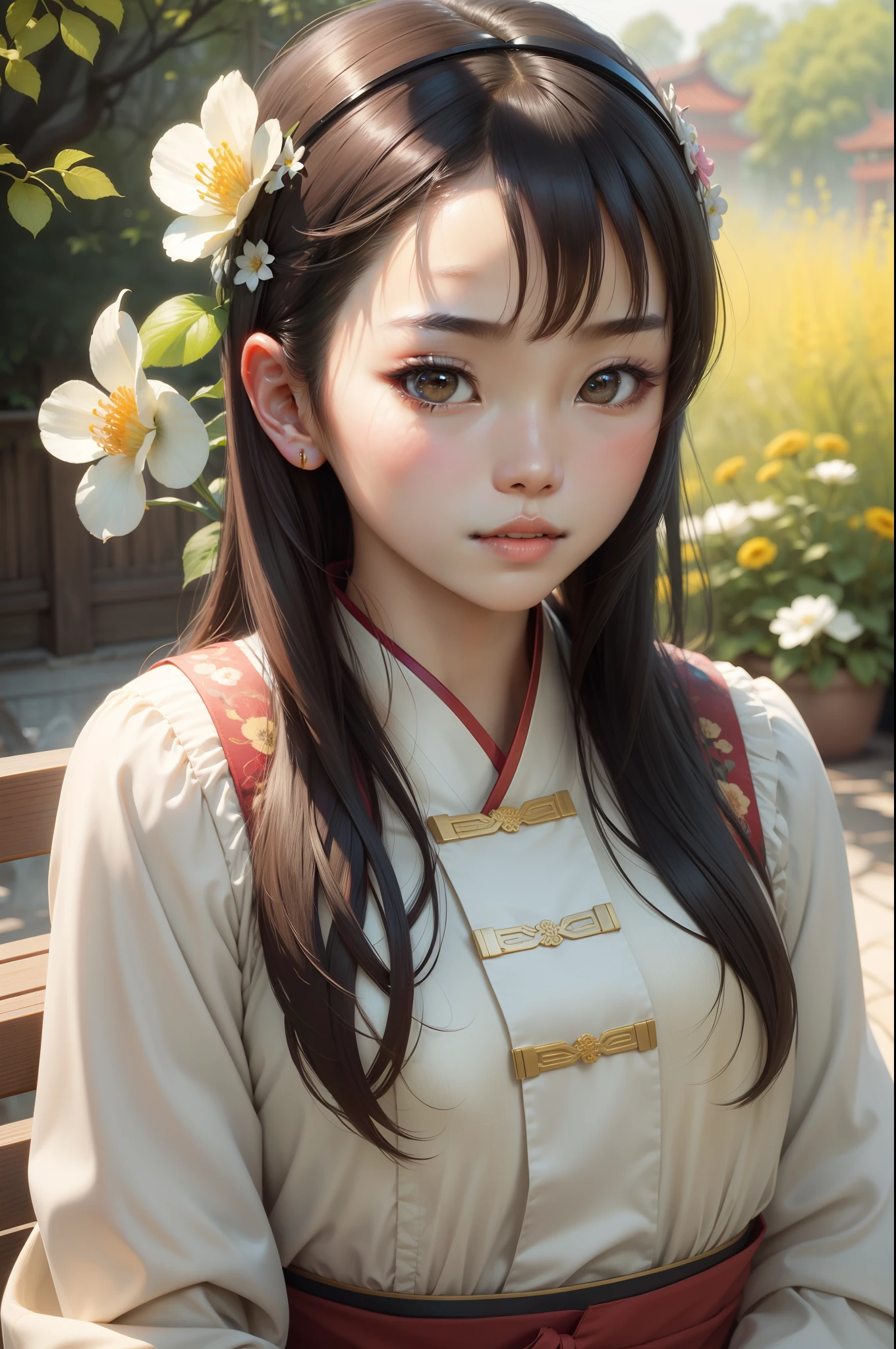 A close-up of a woman with flowers in her hair, Chinese girl, cute delicate face, girl cute-fine face, young cute wan asian face, Beautiful Korean woman, feminine beautiful face, Very beautiful face, Realistic. Cheng Yi, Extremely beautiful face, beautiful delicate face, Beautiful Asian girl, beautiful aesthetic face, ruan jia beautiful!