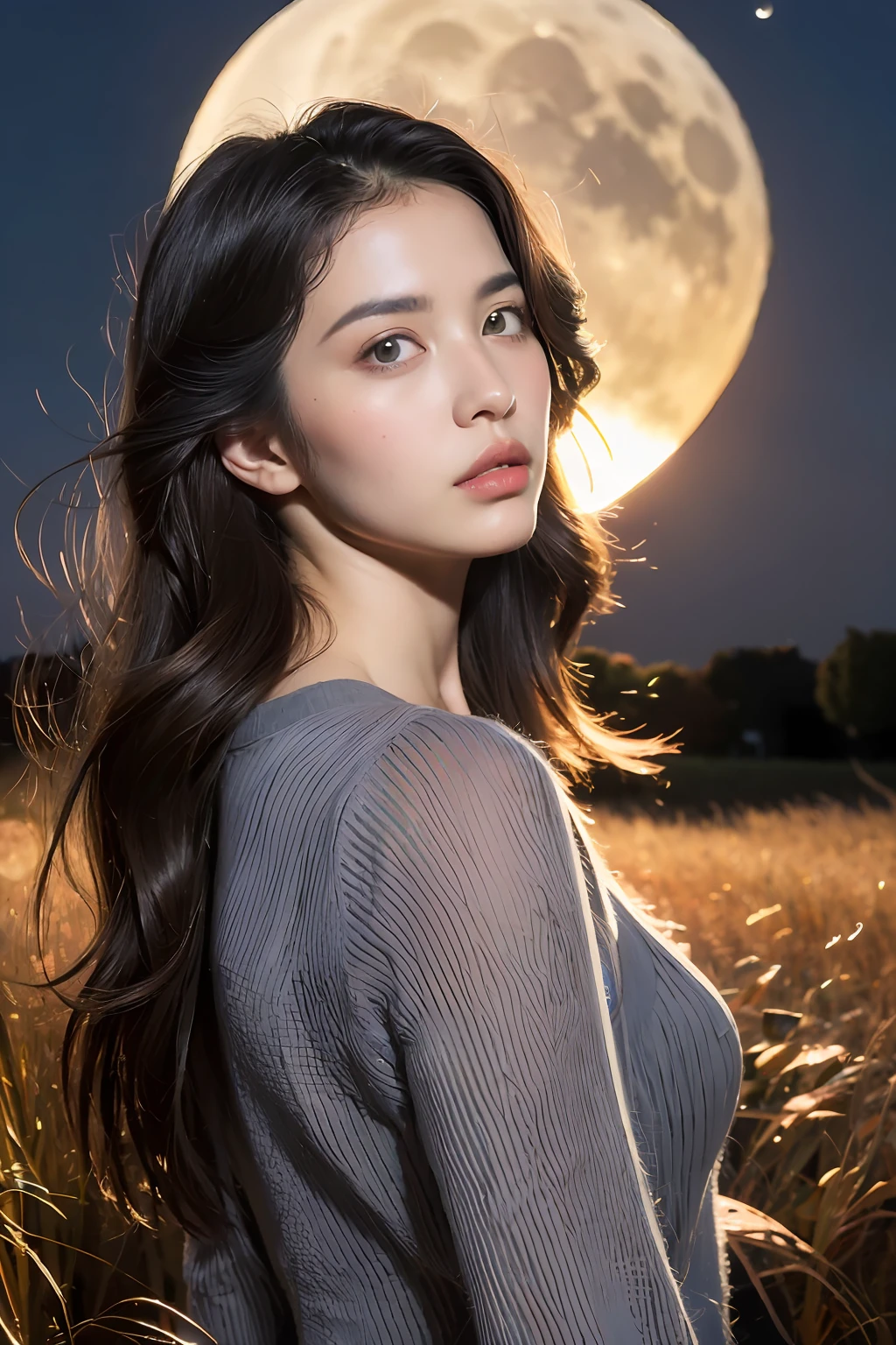 (8K、top-quality、masterpiece、超A high resolution:1.2) (style of paul rubens and rebecca guay:1.1) (Autumn Full Moon:1.4) Photos of beautiful Japanese women、back Lighting、Dark eye makeup、Small face makeup