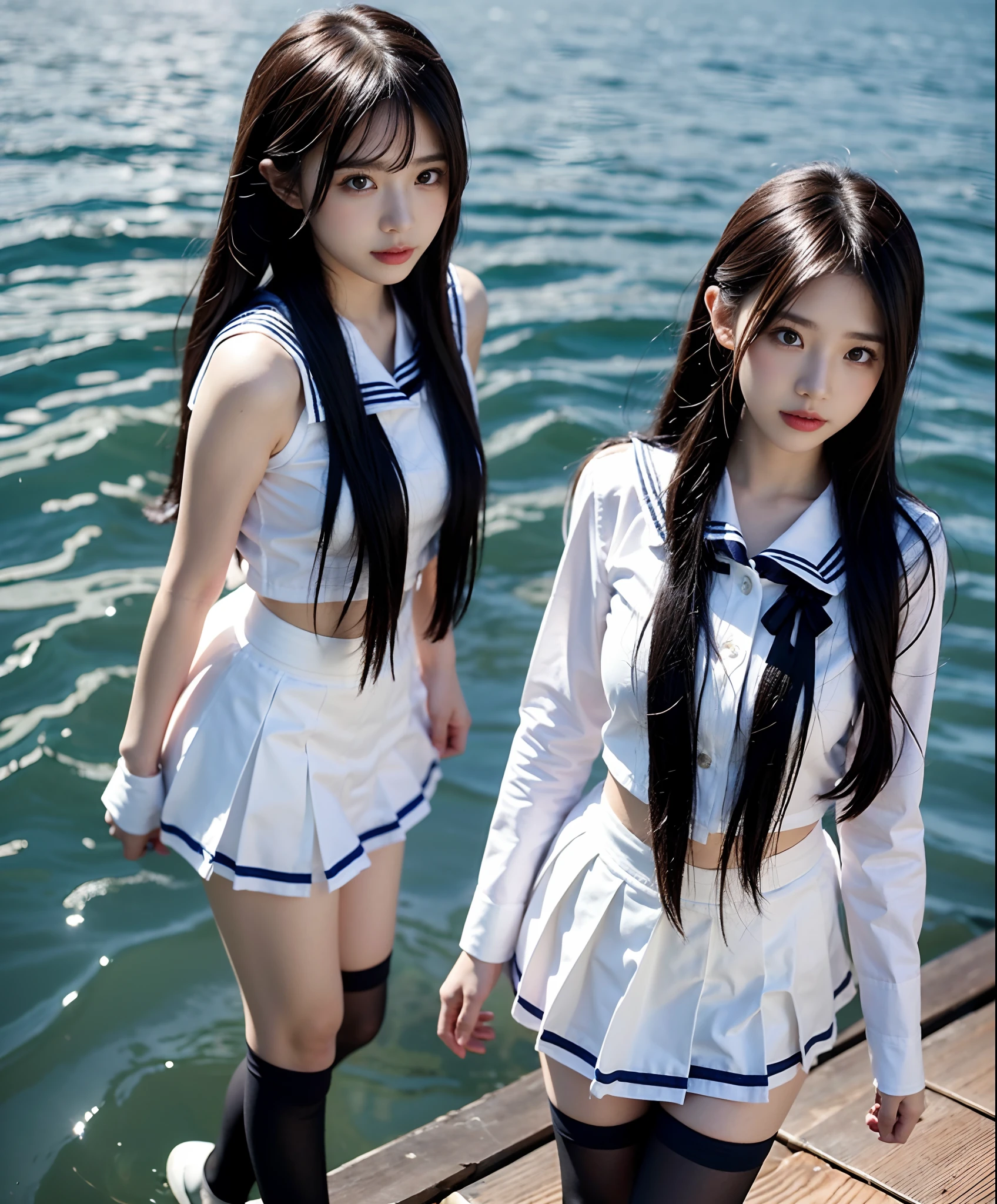 A woman in a sailor's suit walks in water, one-girl，Sailor uniform, Kantai collection style, Anime girl cosplay, cosplay foto, girl in uniform, seifuku, Wearing a Japanese school uniform, Japanese school uniform, female sailor uniforms, Anime girl in real life, azur lane style, sailor outfit, sailor uniformm, double tails ，Black silk high socks，Black stockings，full bodyesbian，Raised sexy，Plump breasts