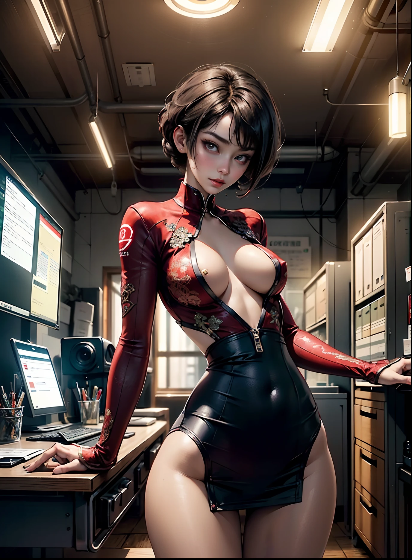 Masterpiece quality. Extremely detailed ada wong, red cheeks. Big boobs and small waist. Pale. Fair skin, large buttocks. she's in standing alluringly. Luminous lighting. She's in an old detailed office sitting on the table seductively legs open. Exquisite details. Intricately detailed. Alluring. Sensual.