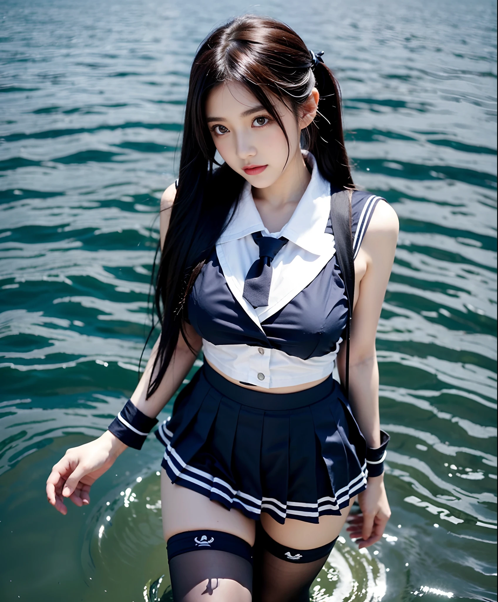 A woman in a sailor's suit walks in water, one-girl，Sailor uniform, Kantai collection style, Anime girl cosplay, cosplay foto, girl in uniform, seifuku, Wearing a Japanese school uniform, Japanese school uniform, female sailor uniforms, Anime girl in real life, azur lane style, sailor outfit, sailor uniformm, double tails ，Black silk high socks，Black stockings，full bodyesbian，Raised sexy，Plump breasts