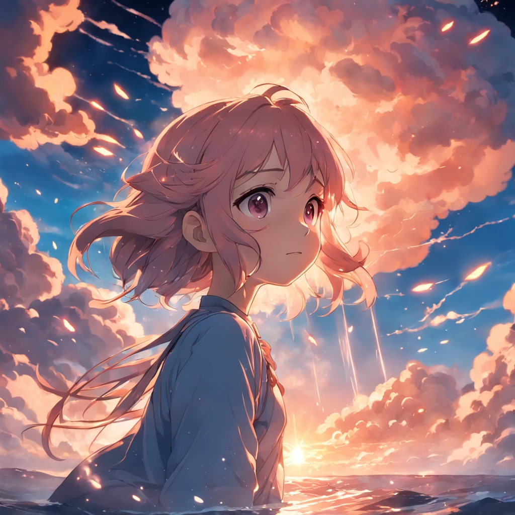 masterpiece, best quality, movie still, 1girl, cloud girl, floating in the sky, close-up, bright, happy, warm soft lighting, sunset, (sparks:0.7)