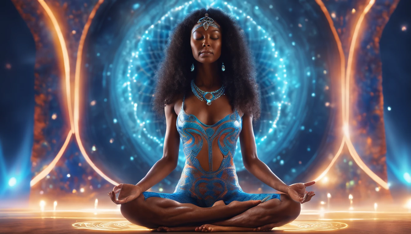 Woman sitting in lotus position with bright blue energy in the background, Powerful woman sitting in space, Illumination spirituelle, Meditate in the lotus position, Channeling the blue mystical energy, Illumination cosmique, Sacred feminine, Elven spirit meditating in space, radiating a brilliant blue aura, Wearing a psychedelic Wicca, Emitting psychic powers, Divine Cosmic Feminine Power, Hindu Stages of Meditation, Kundalini Energy --auto