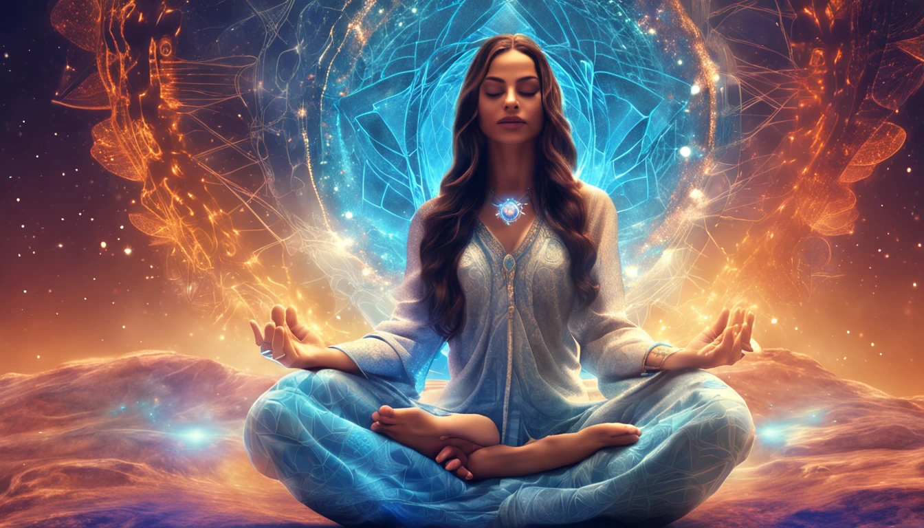 Woman sitting in lotus position with bright blue energy in the background, Powerful woman sitting in space, Illumination spirituelle, Meditate in the lotus position, Channeling the blue mystical energy, Illumination cosmique, Sacred feminine, Elven spirit meditating in space, radiating a brilliant blue aura, Wearing a psychedelic Wicca, Emitting psychic powers, Divine Cosmic Feminine Power, Hindu Stages of Meditation, Kundalini Energy --auto