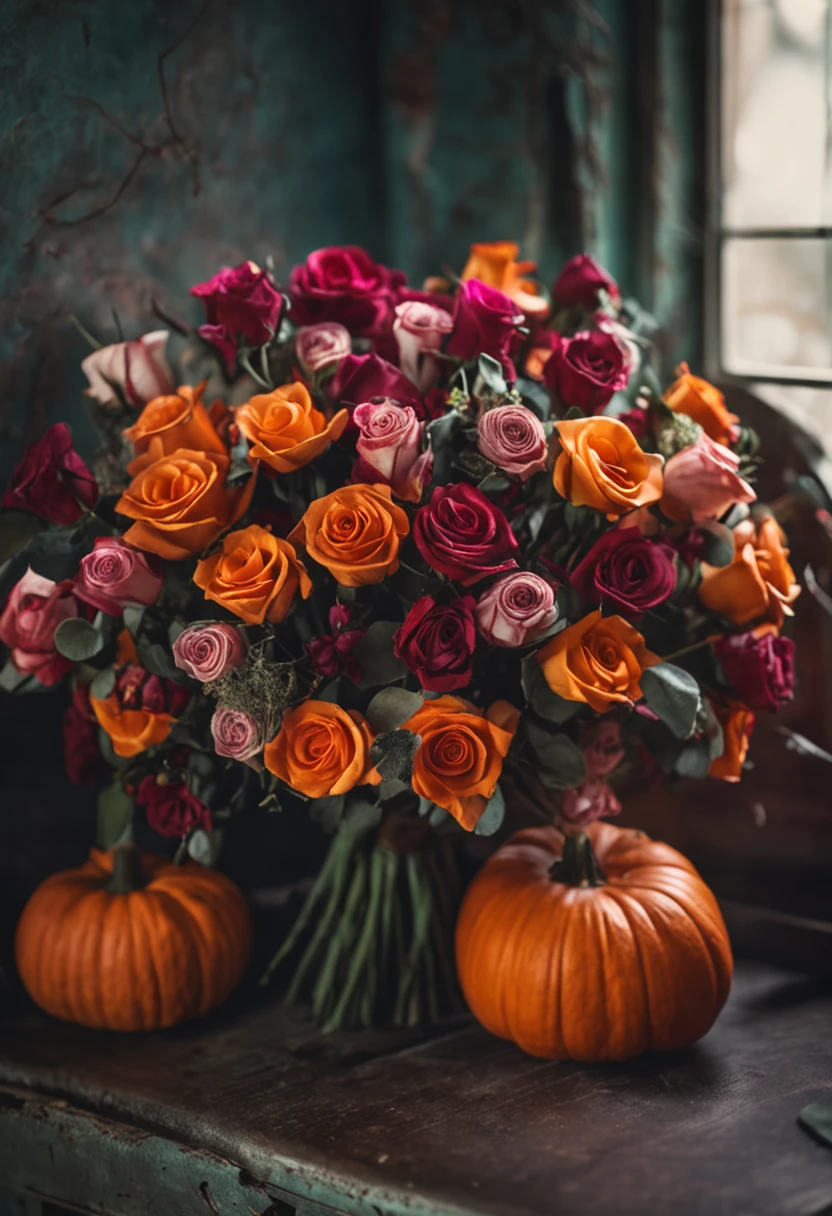 Bouquet of roses, Halloween, pumpkins