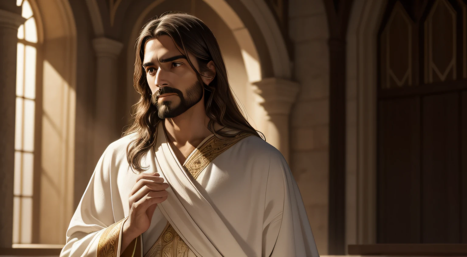 Jesus, depicted with a gentle smile, reaching out to offer a compassionate touch to a person in need.