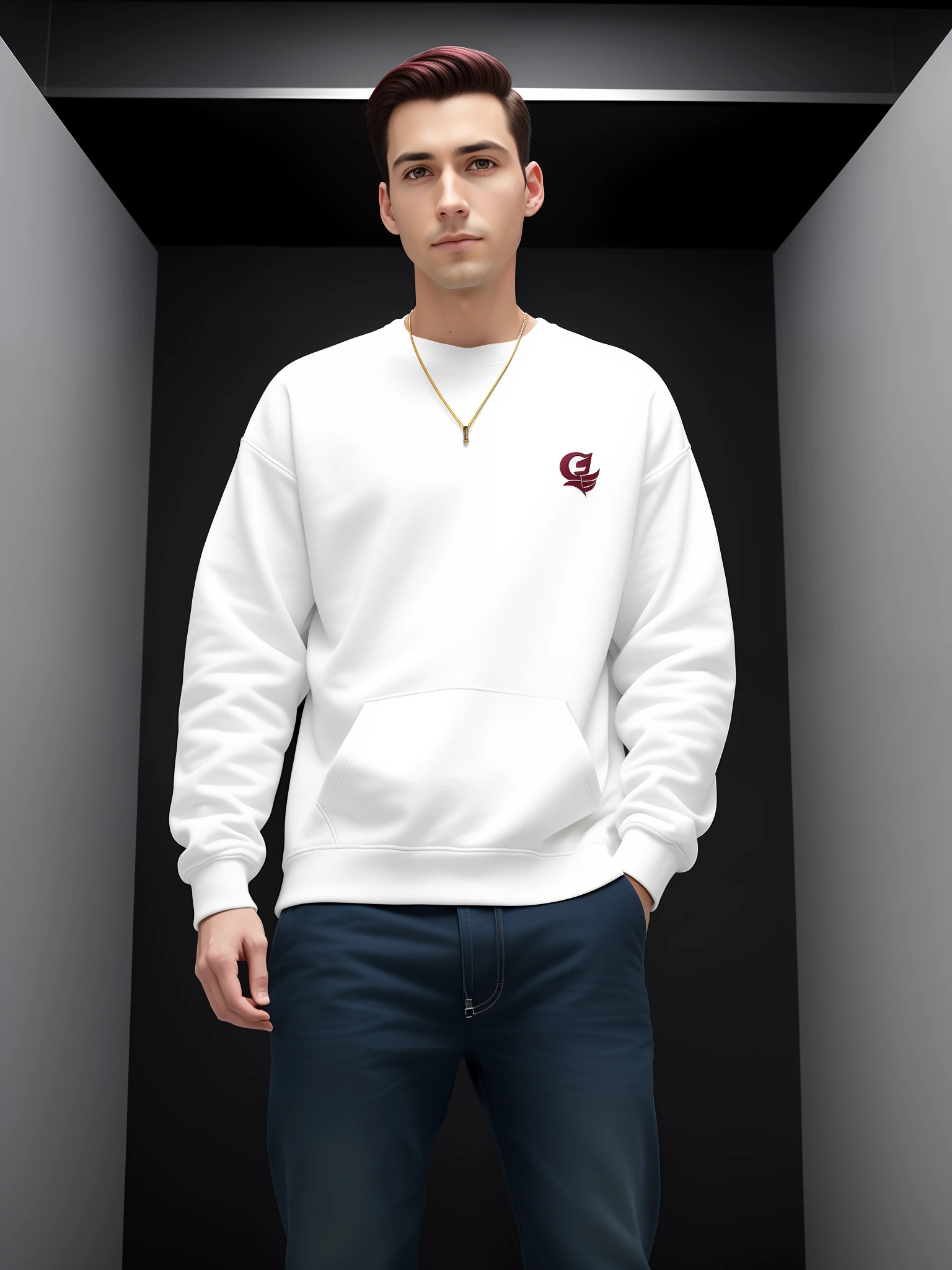 A handsome young man，35yo，Wearing a burgundy sweatshirt，crewneck，Put your hands in your trouser pockets，(Cyborg:1.1)，([Tail | detailed wire]:1.3)，(Complicated details)，hdr，(Complicated details，ultra - detailed:1.2)，Cinema lenses，Vignette，at centre