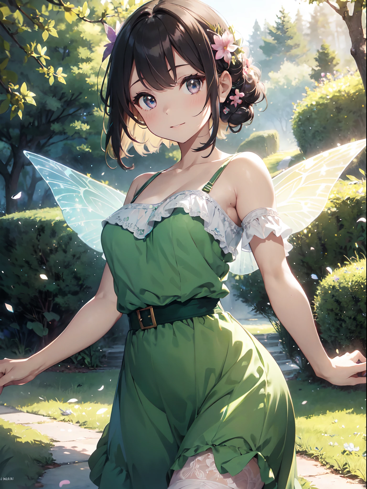 Fairy, masterpiece, highest quality, (((masterpiece))), (((highest grade))), ((extremely thin)), (figure), ((very delicate) beautiful)), smiling mysteriously, (Holding her knees), bangs, height about 16cm, full body image, unrealistically beautiful figure, ((see-through)), ((white lace body conscious dress)), ((nipples and pubic hair visible) ), young figure, about , slender body, (flying in the sky), (fairy wings: 1.4), (detailed and beautiful green eyes), (detailed light), (1 girl), medium Bust, medium long hair, glowing green eyes, dark brown hair, nature, (sunlight), (painting), (sketch), pastel colors, complete anatomy, beautiful face with great detail