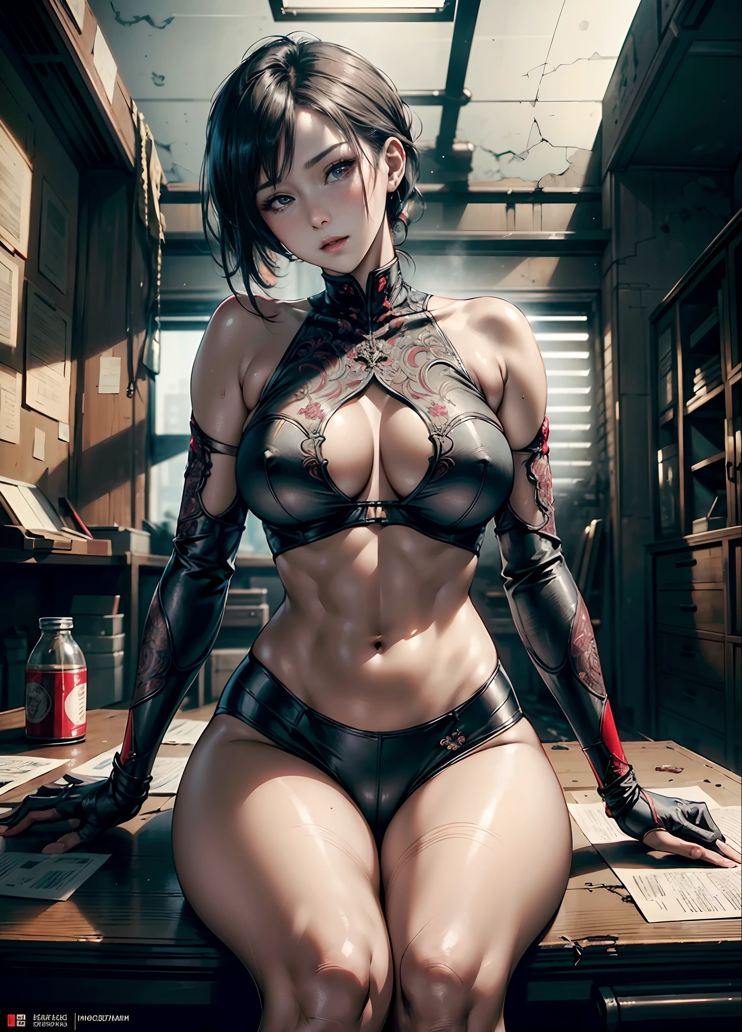 Masterpiece quality. Extremely detailed ada wong, red cheeks. Big boobs and small waist. Pale. Fair skin, large buttocks. she's in sitting alluringly. Luminous lighting. She's in an old ruined office. Exquisite details. Intricately detailed. Alluring. Sensual. Greasy skin. Slight nudity.