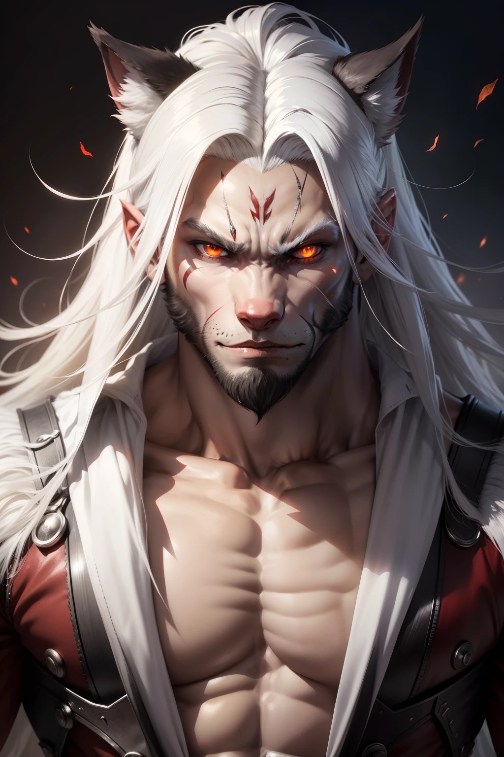 Fierce male humanoid werewolf，Silvery-white gradient hair，red color eyes，There is a scar on the nose, one meter eight meters tall