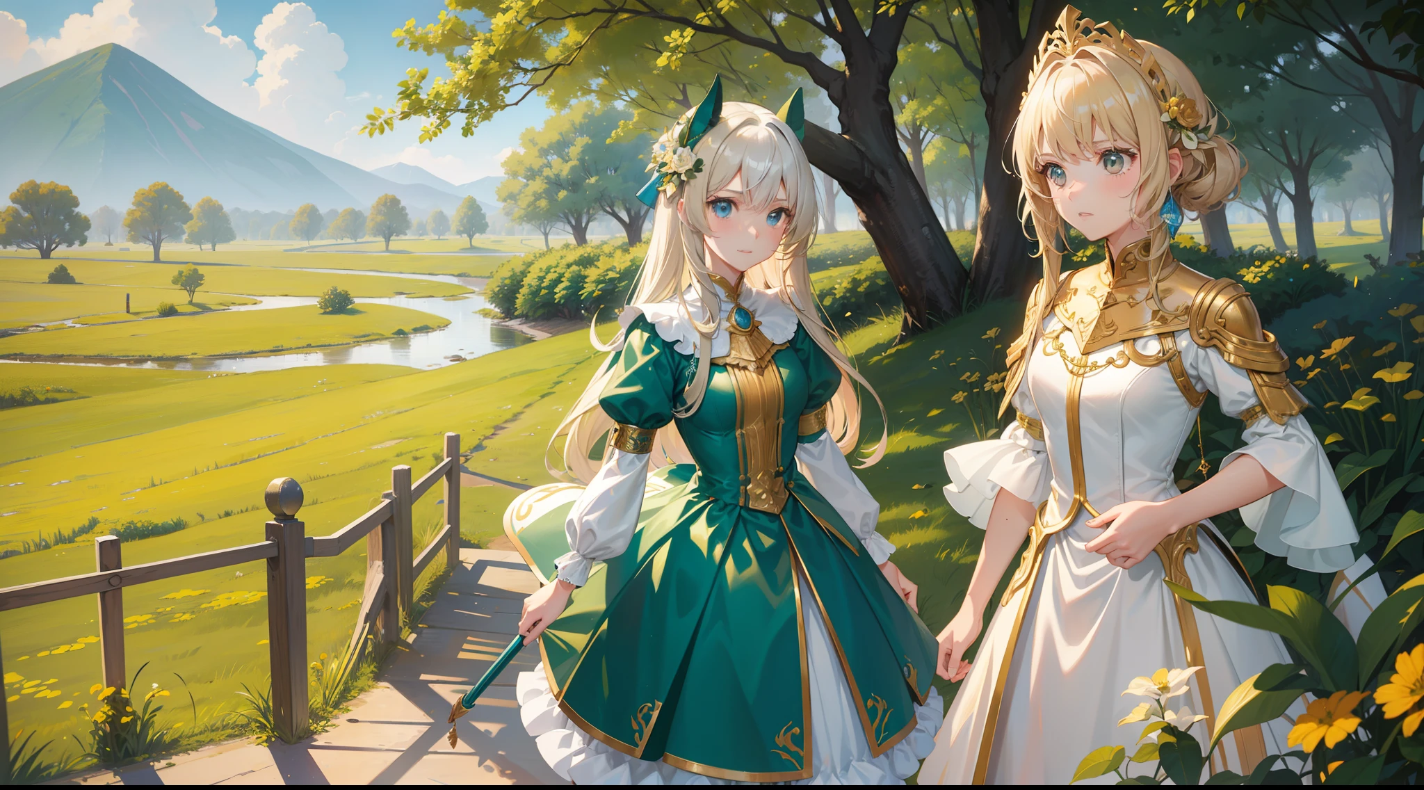 Light blonde hair，teens girl，high school senior，green pupills，cavalier，Hold it with silver，golden colored，Blue sword ，On the steppe，Close-up of the sun，There is a tree in the background