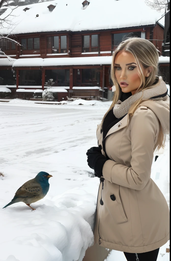 best quality, detailed background, (Mikayla Demaiter), sea, cafeteria, bird, snow, winter