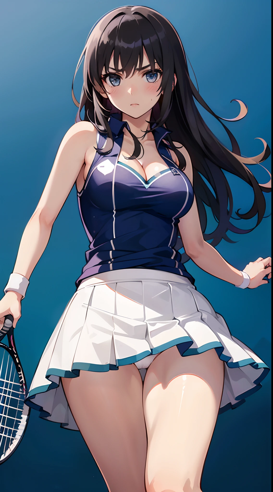 ((Tennis Uniform)),White panties,1girl in, Solo,(A MILF), (((maturefemale,adult  woman))),masutepiece, of the highest quality, ultra-definition, max resolution, A highly detailed, Clean skin, Extremely sexy,Large breasts,blush,thong,Serious,(Mini skirt),From below,Windy,Barefoot,(no sleeves),white skirt,cleavage