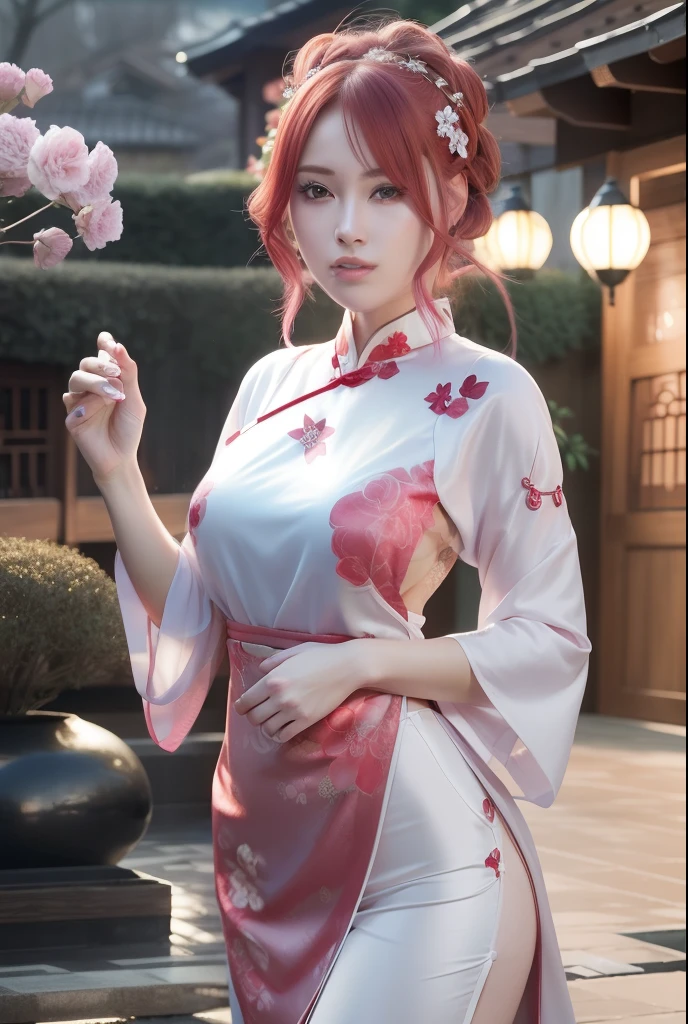 Sakura uchiha. A woman was in the yard at night. She was seen wearing silver cheongsam silver with the motif of red gold camellias. With a slit on the left that shows her white thigh. Her breasts look like big, round copying. She had beautiful pink hair. His skin was so pale white. Her cheeks were rosy red and her tiny red lips tantalizing. He was looking into the camera. She looks so hot and realistic