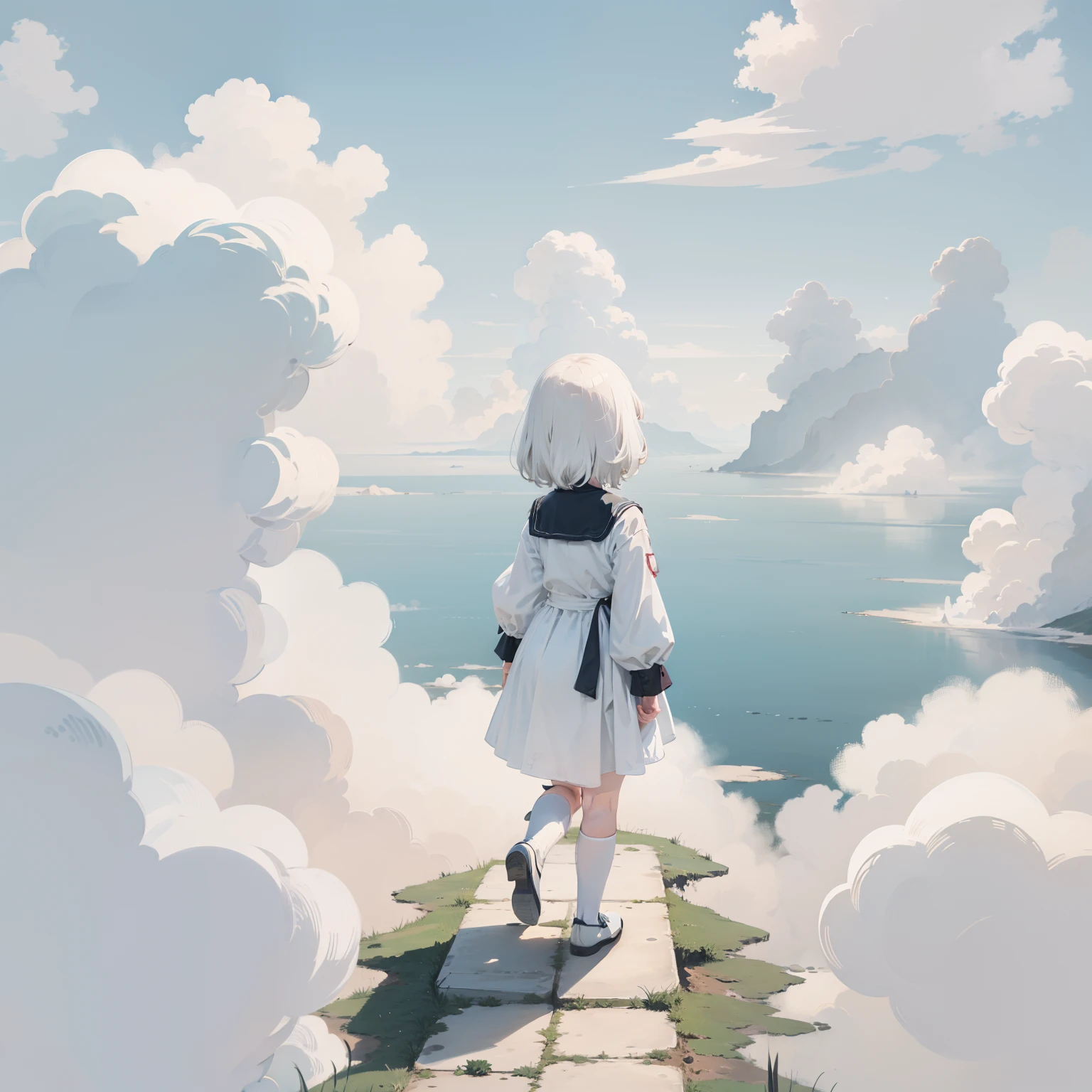 Above the white clouds,White clouds,A castle made of white clouds, 1girll, The little girl stepped on the white cloud,Loli,elementary student, Solo, (with short white hair:1.2),