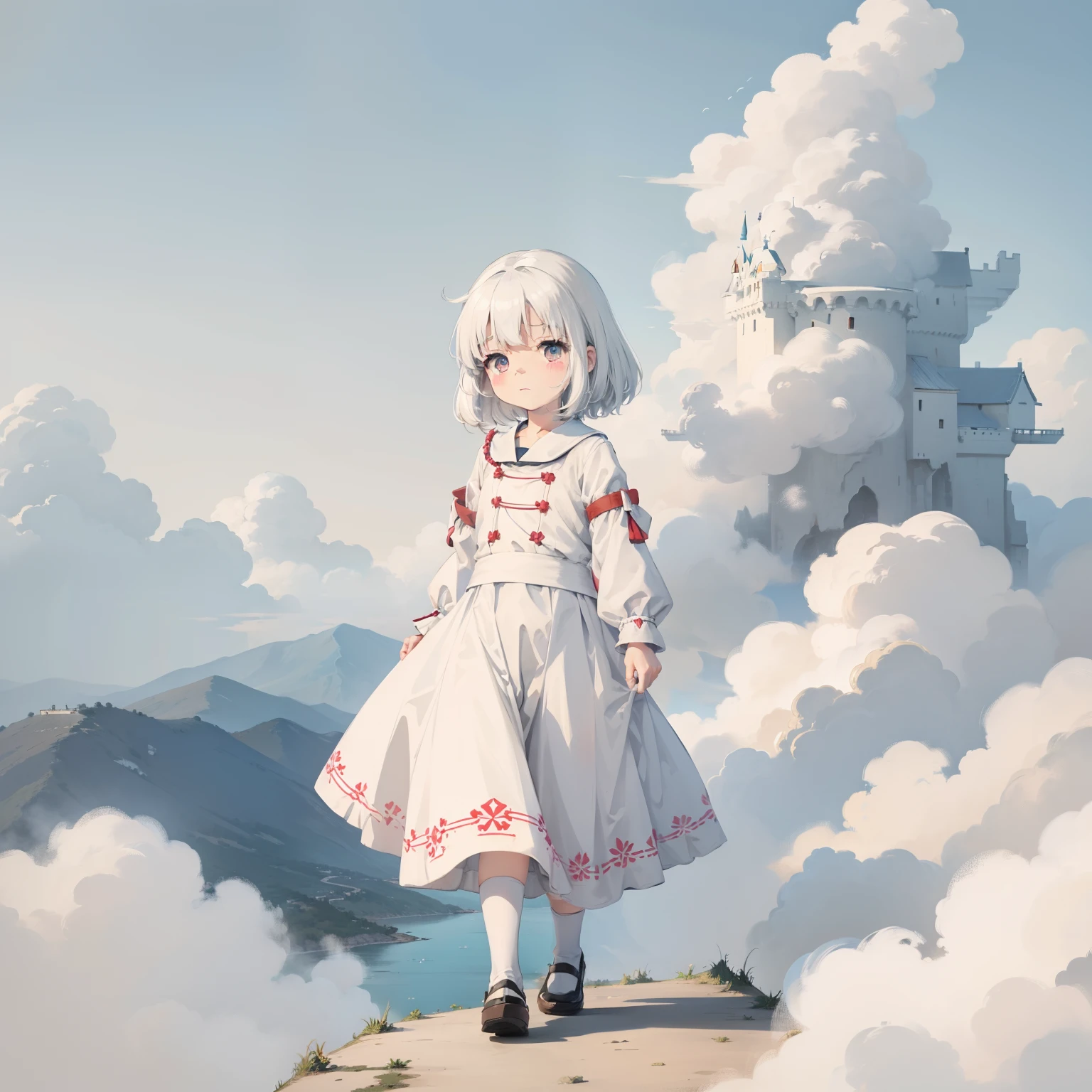 Above the white clouds,White clouds,A castle made of white clouds, 1girll, The little girl stepped on the white cloud,Loli,elementary student, Solo, (with short white hair:1.2),