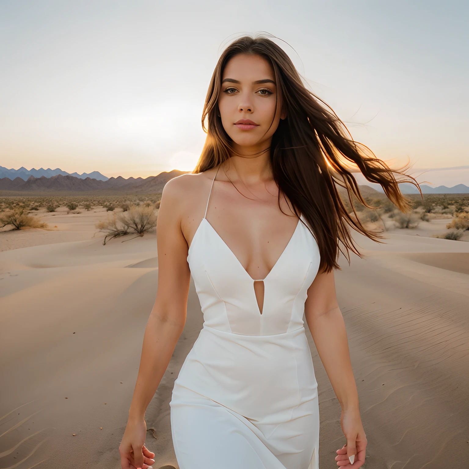 luxlana45274534563 a beautiful woman, walking through the Mojave desert, white dress, long brown hair, realistic photo, close-up, details, sunset