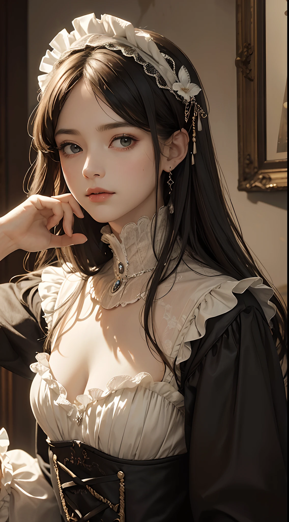 (Pure Color: 0.9), (Color: 1.1), (Masterpiece: 1,2), Best Quality, Masterpiece, High Resolution, Original, Highly Detailed Wallpaper, Beauty, Victorian, Dress, Sad, Small Face, Big Breasts, Sepia Color, Live Action Style