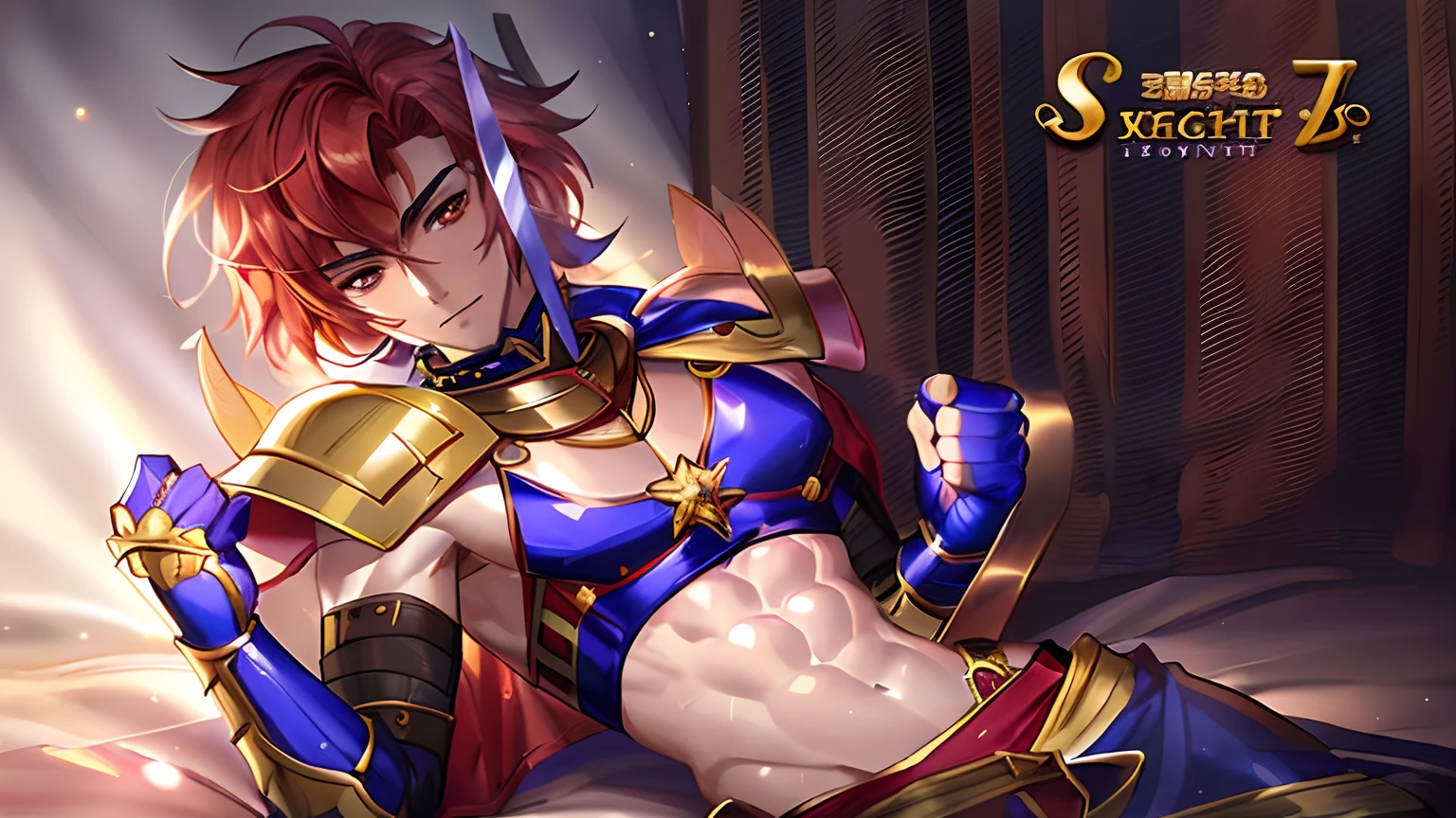 Close up portrait of a man in costume holding a sword, Knight of Zodiac Boy, Portrait Knight of Zodiac Boy, Boy with short red hair, Boy with brown eyes, Muscular men, Bikini Armor Boy, Boy in belly button costume, Enchanting Prince Night, Smooth Anime CG Art, Prince Knight, Galactic Prince, Prince of Garnet, digital manga art, High quality anime art style