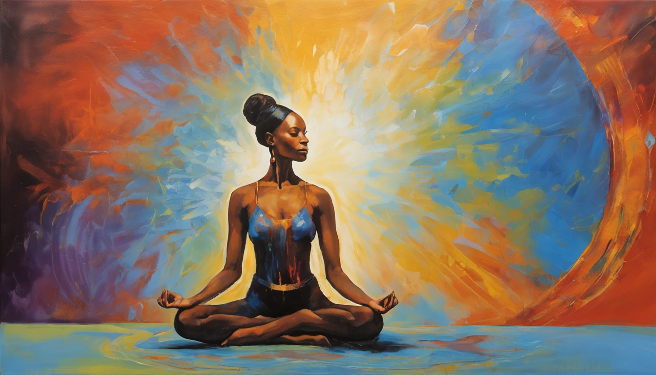 Woman sitting in lotus position with bright blue energy in the background, Powerful woman sitting in space, Illumination spirituelle, Meditate in the lotus position, Channeling the blue mystical energy, Illumination cosmique, Sacred feminine, Elven spirit meditating in space, radiating a brilliant blue aura, Wearing a psychedelic Wicca, Emitting psychic powers, Divine Cosmic Feminine Power, Hindu Stages of Meditation, Kundalini Energy --auto