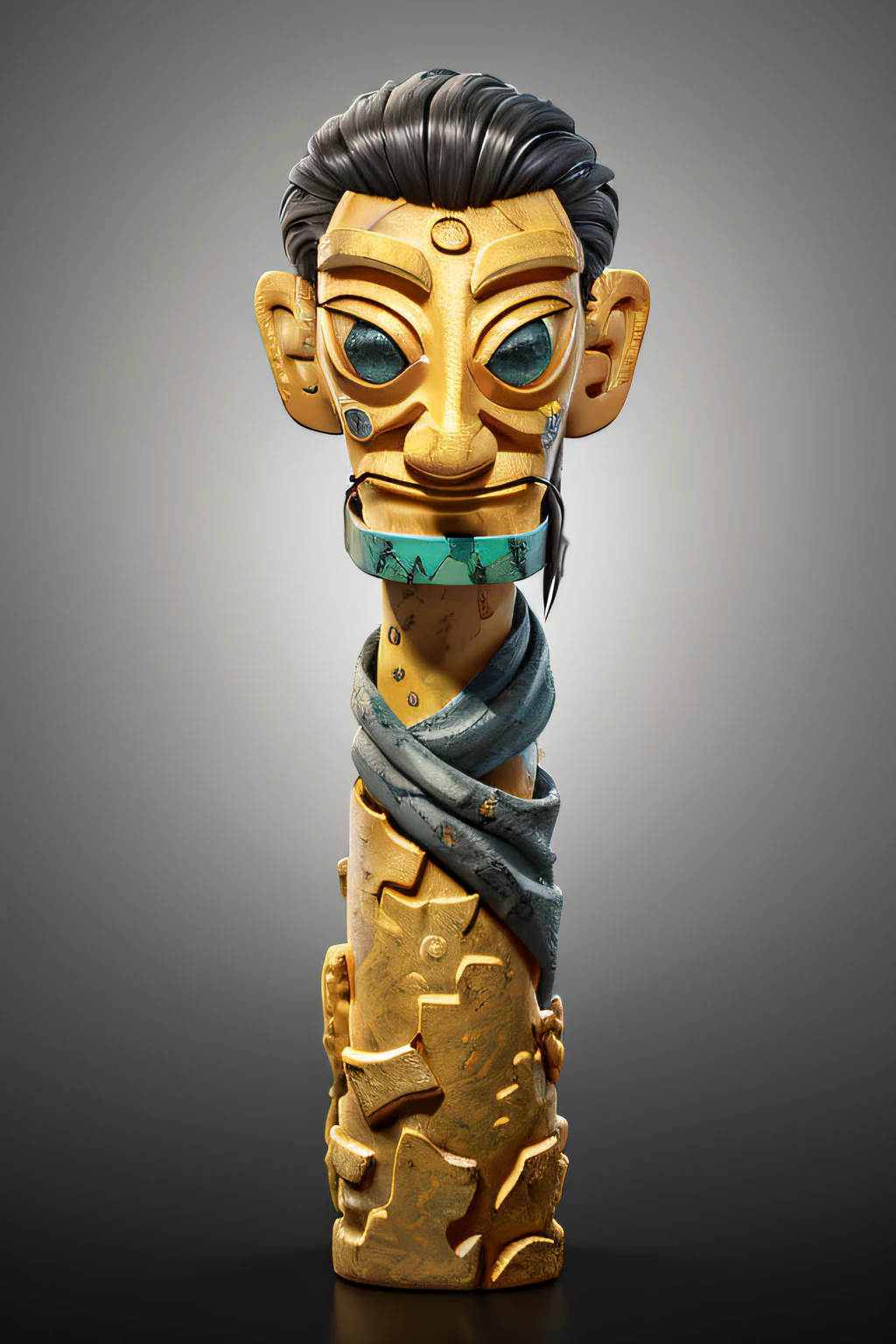 Sanxingdui cultural relics beautiful photos, Capture the essence of time, Multiple characters，Threaded gold inlay process，Studio lighting, and post-processing with 8K resolution. Use Unreal Engine 5 to create stunning details with CGI, SFX, and visual effects, Provides movie-like shadows and lighting effects. The lighting environment setting adds a touch of brilliance, Embodies the golden ratio cubism, hyper HD, Masterpiece, ccurate, A high resolution, 4K