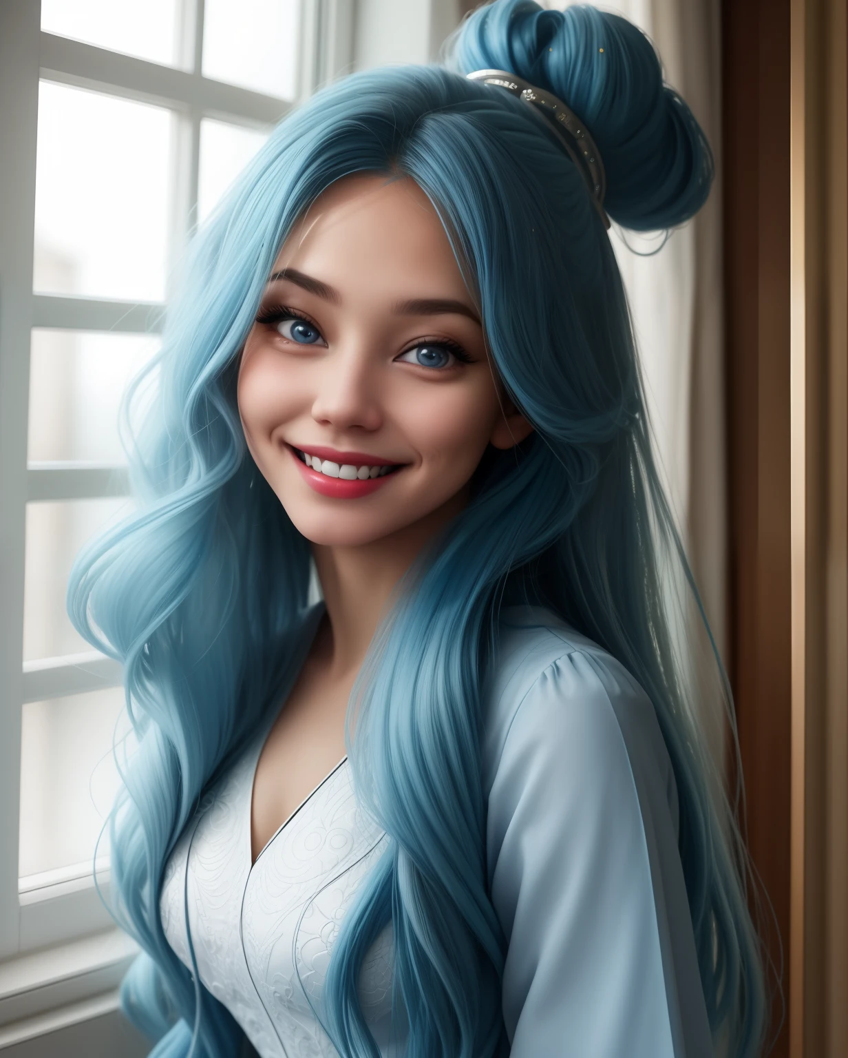 1girl, blue_hair, breasts, dress, hair_ornament, indoors, lips, long_hair, long_sleeves, looking_at_viewer, smile, solo, very_long_hair, window, smile, lovely, original, focus on face, overexposure