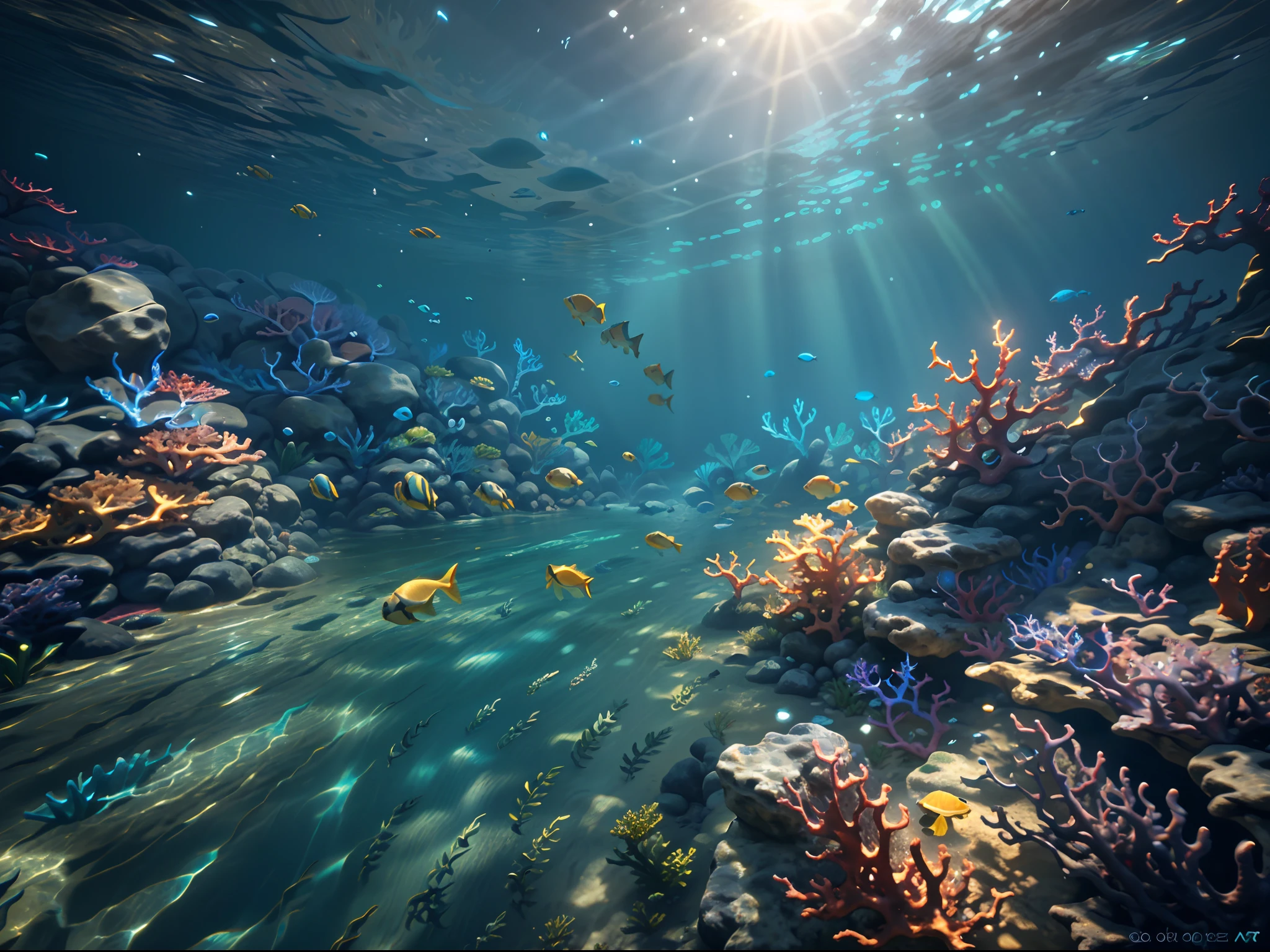 an underwater game scene with fishes and corals, sun shine through the water create an serene feeling, unreal engine five, game style, best quality, masterpiece