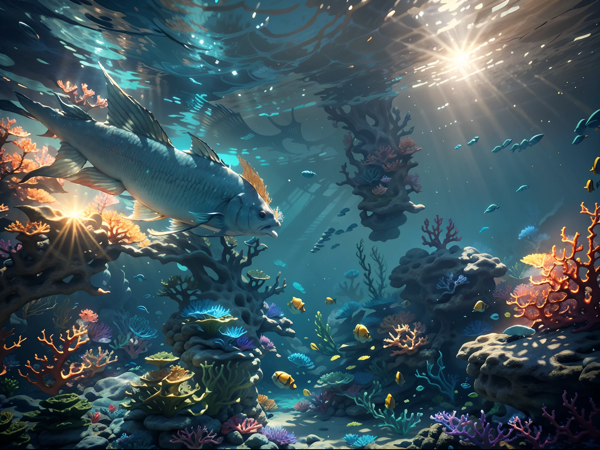 an underwater game scene with fishes and corals, sun shine through the water create an serene feeling, unreal engine five, game style, best quality, masterpiece