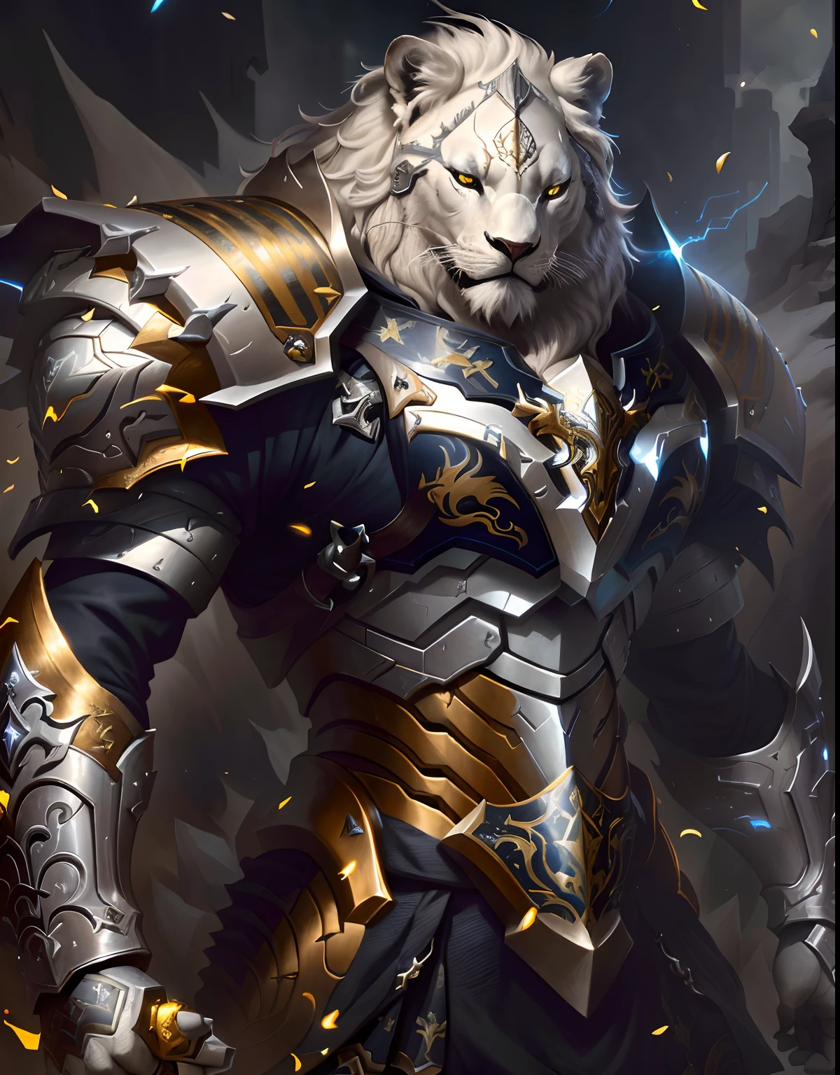 um close up de um white lion vestido com armadura com uma espada, O Cavaleiro da Armadura do Gato Dourado, obra-prima artstation, lion warrior, Arte digital altamente detalhada em 4k, armadura branca e dourada pesada, Arte digital detalhada em 4k, intrincada armadura branca e dourada, Deviantart ArtStation, por Yang J, 8k arte detalhada de alta qualidade, paladino de ouro, 4K fantasia detalhe