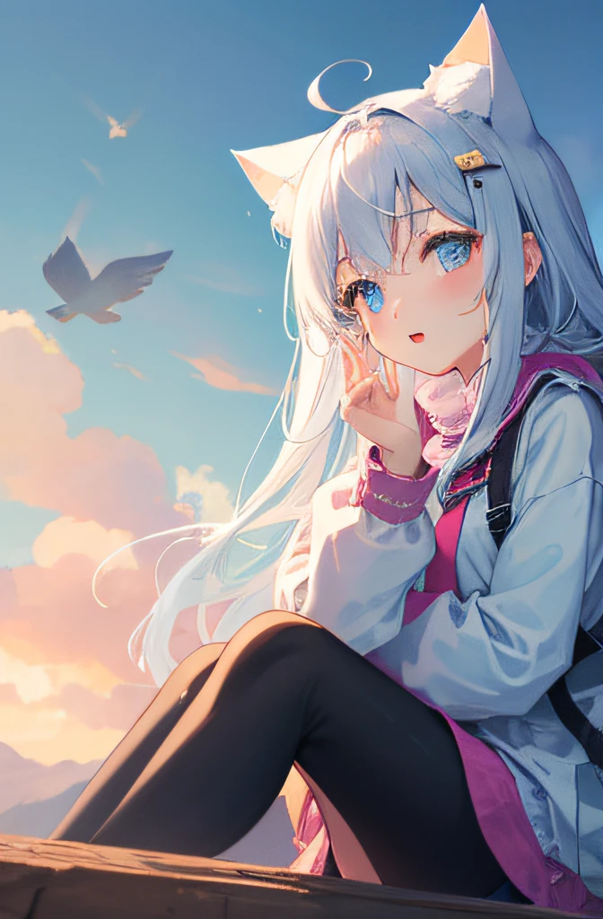 gliding，teens girl，cat ear，upper sky