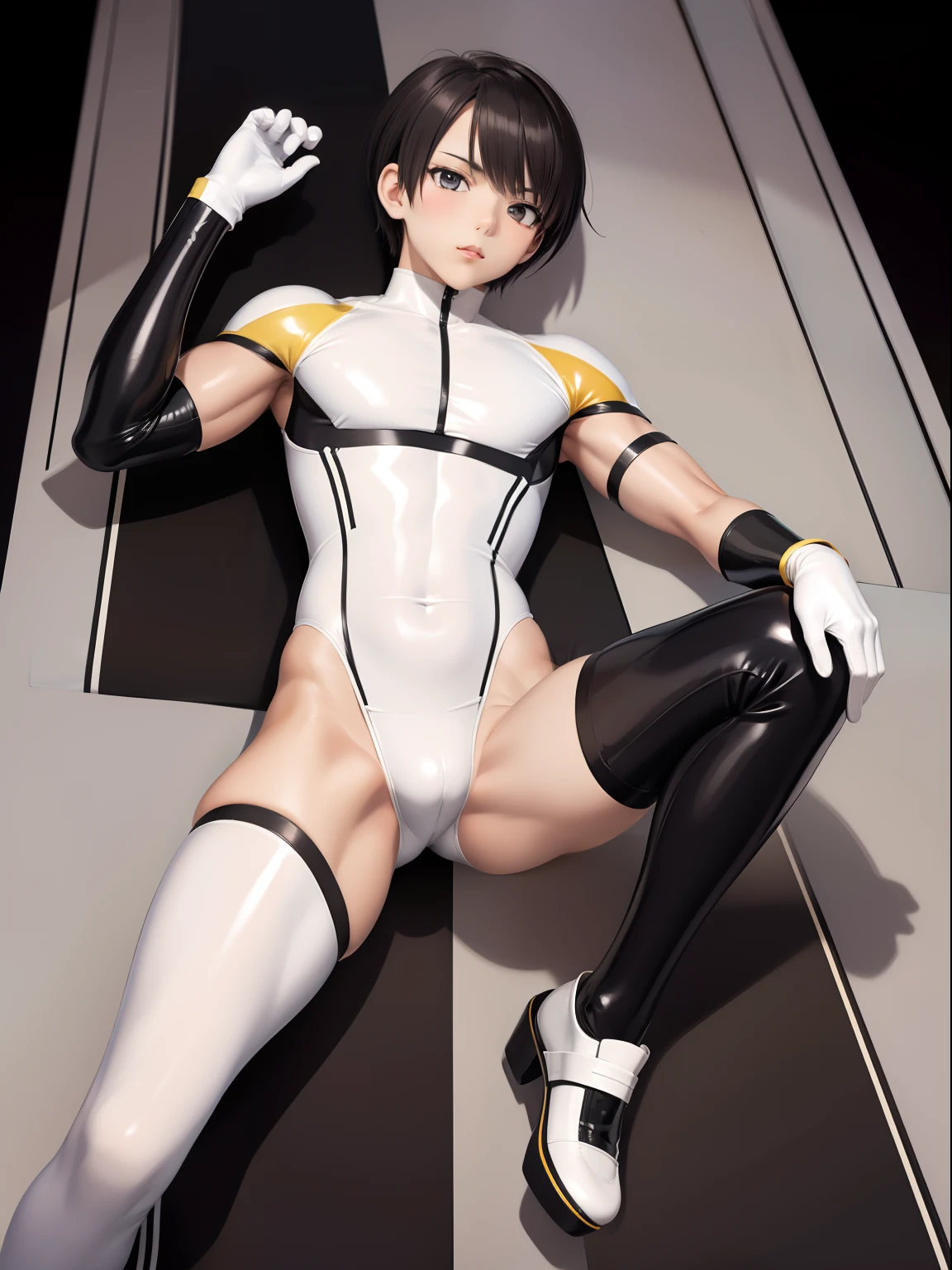 Young Asian man，Full body photo，Latex clothing，Bee set，Horizontal stripes，Long tube toe latex stockings，short detailed hair，Muscular body，Silver latex combat suit，Tight combat suit，black in color，white colors