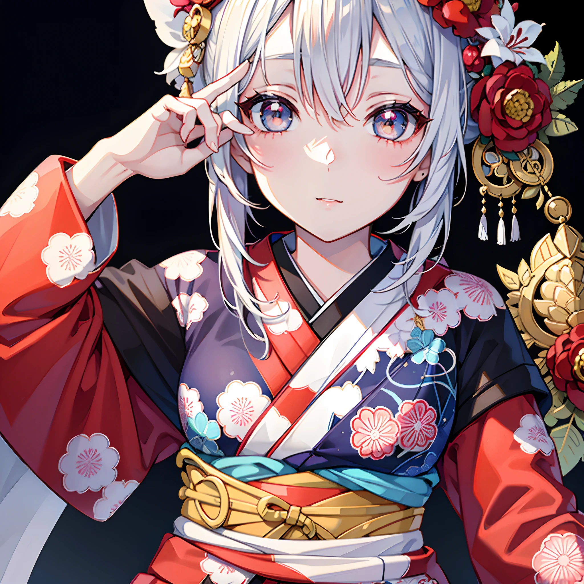 "A girl in a beautifully printed traditional kimono, close-up shot, captivating eyes, flawless and stunning face, exquisite details, crisp image, highest quality."