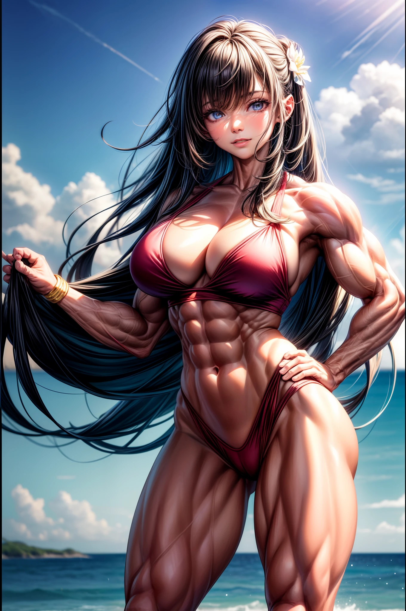 (BEST lighting) , (ultra intricately detailed) , 4K unification, (super-detailed CG: 1.2) , (8K: 1.2),(Original), (Masterpiece) , (Best quality),(Masterpiece:1.4),Anime-ish high quality,(Masterpiece),Masterpiece, Super clear picture quality,Clearer than movies,(Fine face)Best quality, absurderes,((masterpeace, 4K, 8K, Yes, A high resolution))1girll, girls,She was standing on the beach,ssmile,standing on your feet,Exposing the abdomen, Bikini ,There are bulges of dense veins on the arms,Spring, athletic sneakers, Perfect figure, long whitr hair, Dynamic pose,Legs exposed,Strong leg muscles ((body builder:1.5)),Sea background(Beautiful bace),(Girl),(Female),(((Upper body:1)))