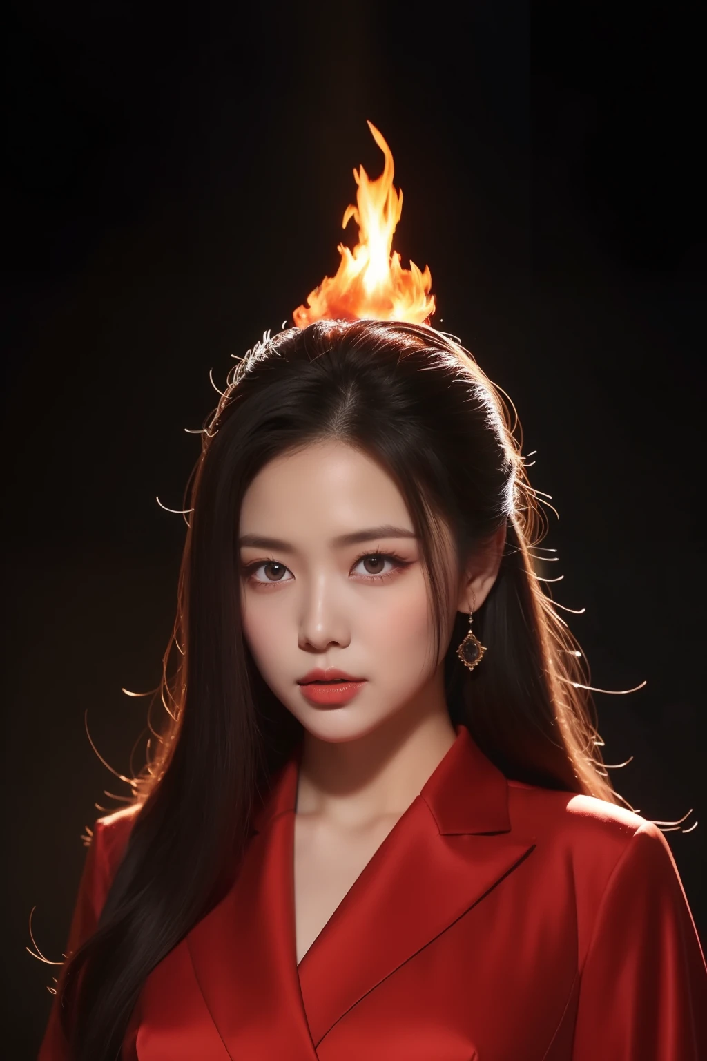 (highy detailed，realisticlying，meticuloso，8k)远景，全身The Queen of Flames on the volcano is dressed in a gorgeous and majestic red robe。This robe is made of delicate silk，It is as if infused with life by the purest flame in the world。Her appearance is masculine and beautiful，The tall bridge of the nose and thin red lips outline the perfect face。Eyes burning with passion shone with a deep red light，It is as if you can see everyone's heart through the soul。Her long hair was as thick as silk，It appears to be burning red，Dancing like a blaze on her shoulders。The head is dotted with hairpins in the shape of flames，Flashing bright fire。Whenever she moves her head，That hot glowing dot will emit bright sparks。The skin is like a manifestation of fire，There is a subtle blush in the air。She is tall and elegant，Posture is straight，Exudes confidence and dominance。She wears a ruby-encrusted flame-shaped bracelet on her wrist，Shines brilliantly red。The surrounding environment is also spectacular。It is surrounded by craters where magma erupts，Lava gushes out of the ground，Various peculiar landforms are formed。Red smoke filled the air，The heat wave distorted the vision。The dark red glow of magma flickered around her，Shoot into the night sky。When a volcano erupts，Clumps of magma erupt from the crater，Form a gorgeous waterfall of fire。The Flame Queen stands at the highest point of the magma eruption，She appears as if she is the ruler of this lava。In this scorching environment，She shows a strong and domineering aura。She is the guardian of the volcano，Her presence is a symbol of strength and breathtaking power。Queen of Flames with her makeup、Clothing and environmental details，It will always leave an indelible impression。