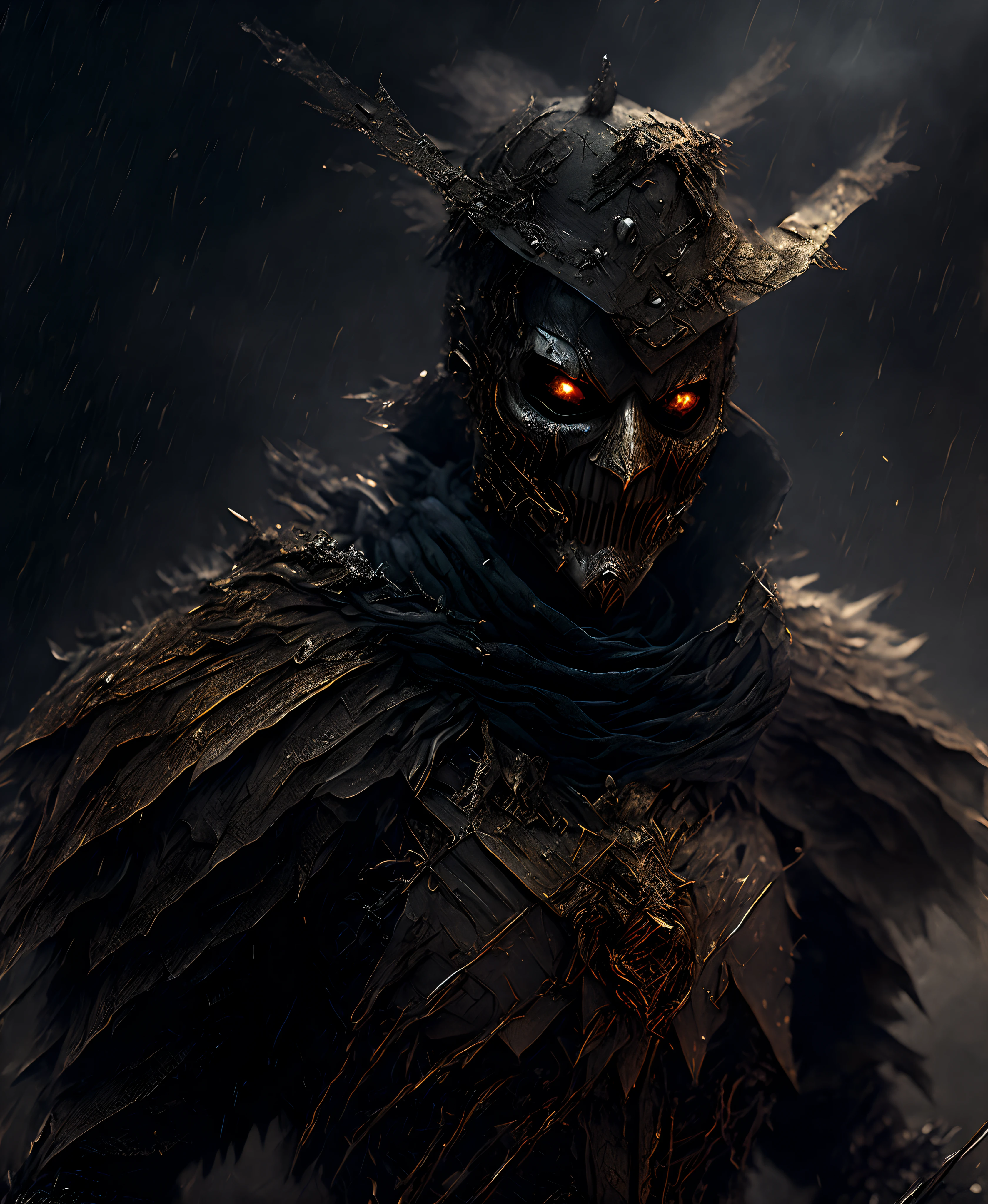 Close-up (Scarecrow from DC in Goth style: 1.3) emerging from wet black mud, extremely detailed, smoke, sparks, metal shavings, flying debris, volumetric light