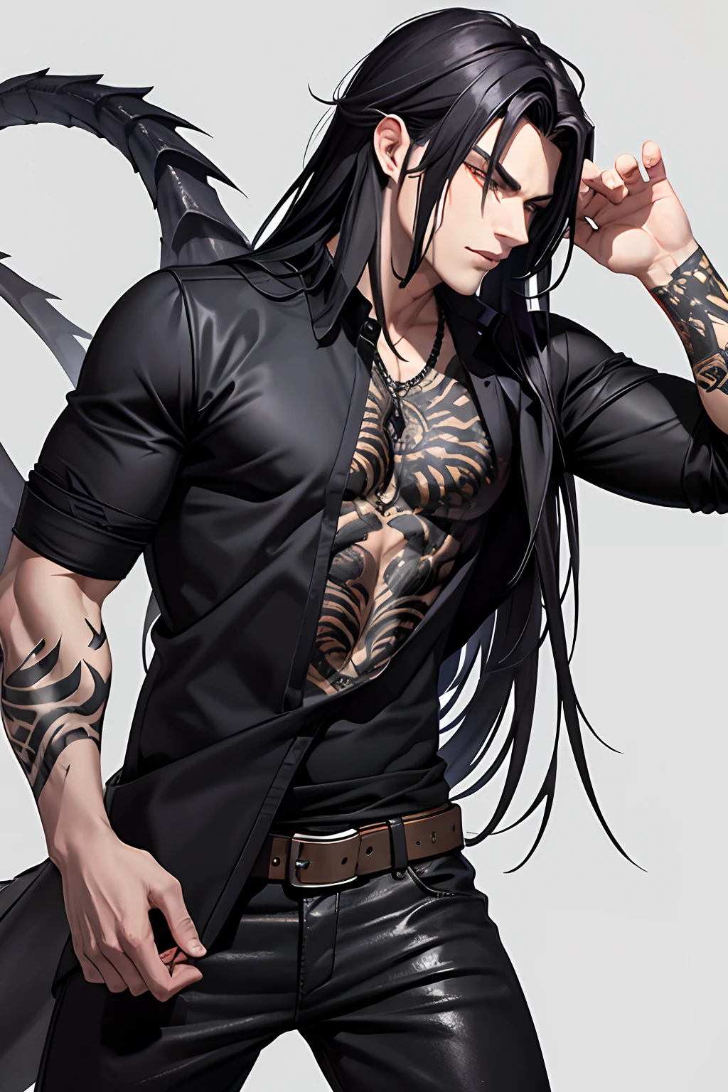 HOT slim man with very pale skin has long black hair several tattoos all over his body. He is chained in a castle cell. shirtless.