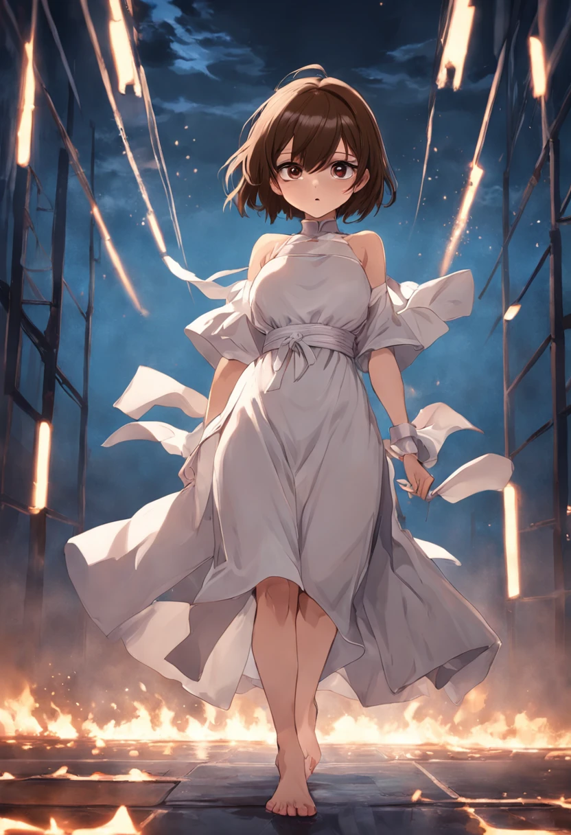 Eyes covered,full-length picture,Clear fingers,Gorgeous white dress,Bandages on the eyes,Eyes covered,Aloof,No eyes, (Short brown hair:1.5),Girl,Blindfolded,with short brown hair,Brown-haired,Blindfolded,Two hands,only have two arms
