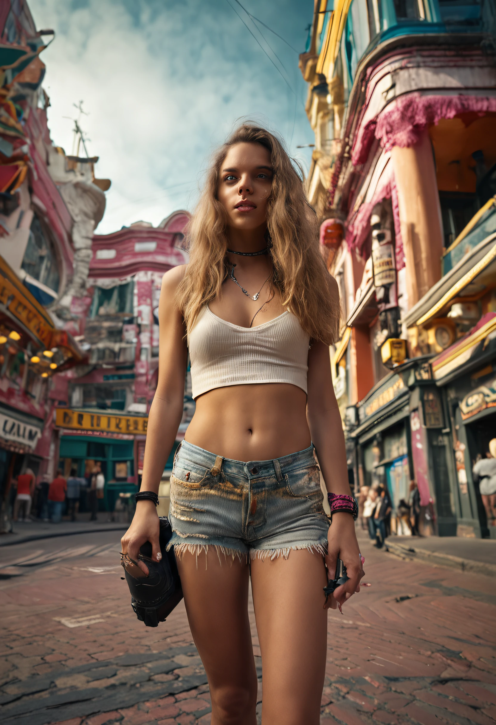 hyper realistic gopro action photo of a beautiful 20yo Dutch girl with small breasts (looking at camera:1.3), windy, wearing old trashy worn torn out clothes, in a themepark, analog style, masterpiece, exposed breasts