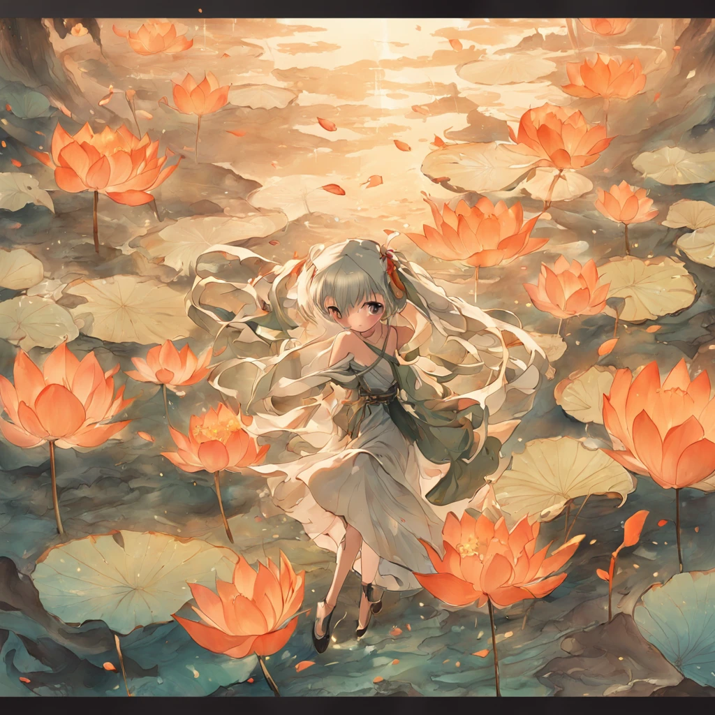 no person, Big lotus leaves, lotus flowers, ink painting style, clean colors, ink style, smudging, white space, freehand, masterpiece, super detailed, highest quality, ancient style, Dunhuang flying sky