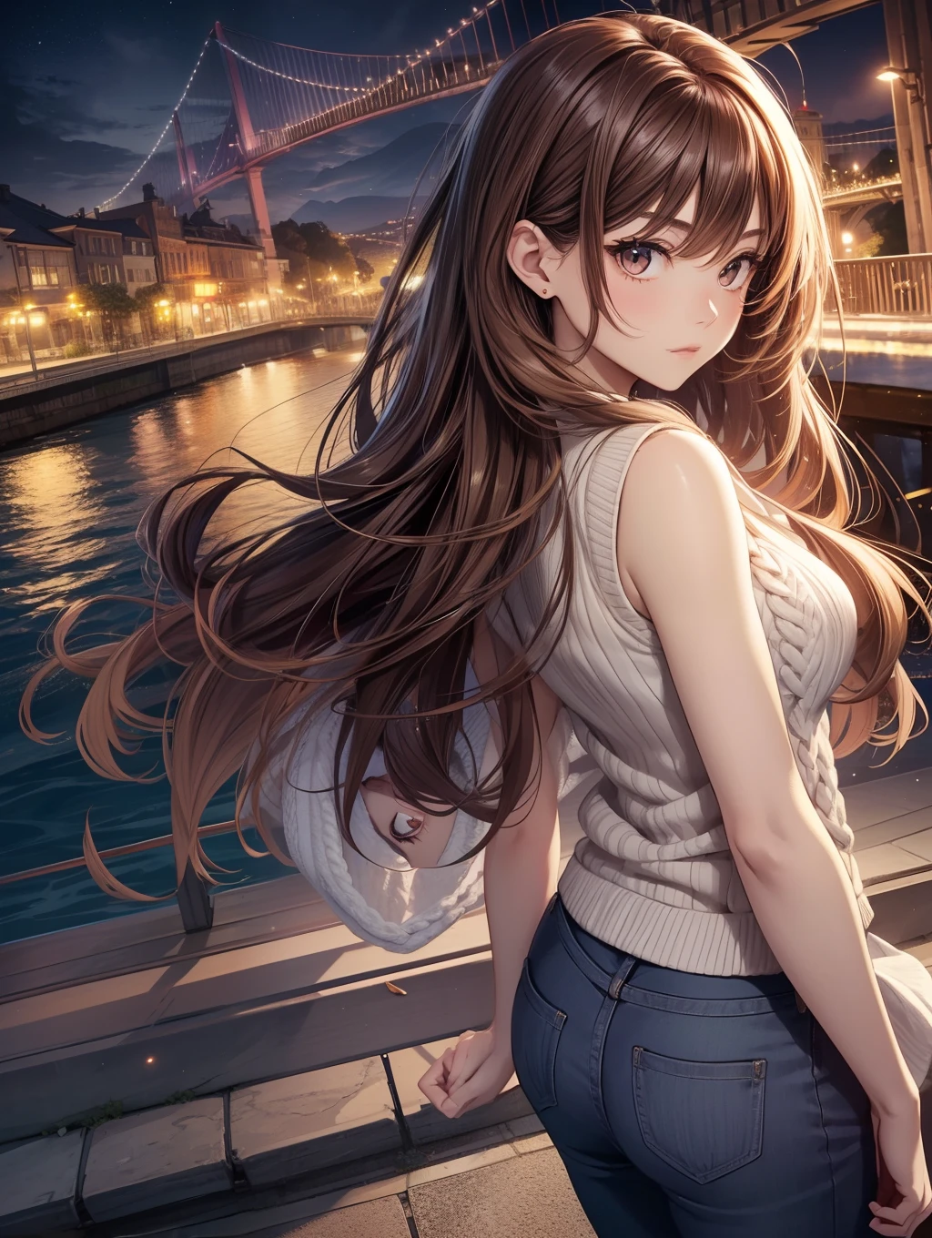 Best Quality, masutepiece, beautiful mature women、Beautiful face、Strong-minded woman、Sleeveless knitwear、brown haired、Brown-eyed、Medium Long Hair、Full body like、Undersized eyes、View of the large suspension bridge、nighttime scene