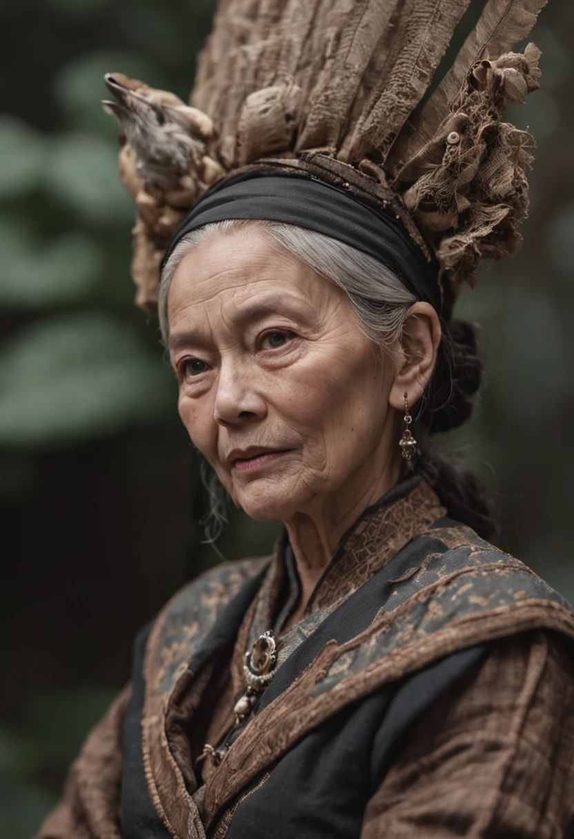 An old witch sits in a Kadilau chair in the background,She was holding a Soniste crow,(wide angles,Ultra HD details,Masterpiece, hyper HD, Super detail, High details, Best quality, A high resolution, Award-Awarded, 8K),(Chinese premium color scheme,电影灯光)