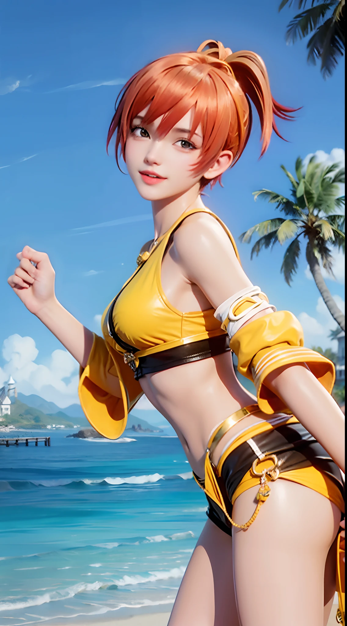 A girl, orange hair,short hair,seawater, beach, (yellow bikini: 1.6), palm tree, coconut tree, solo,