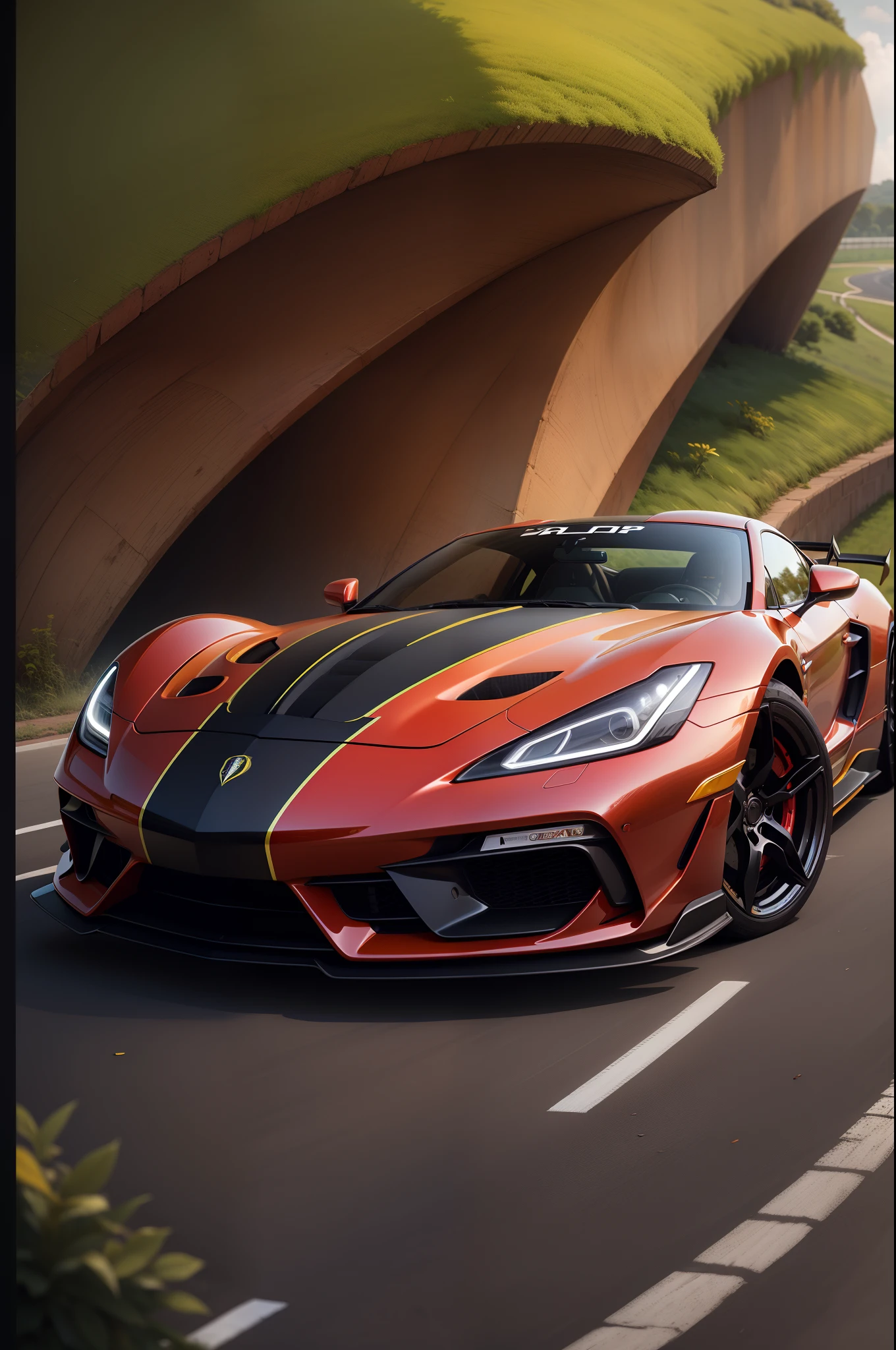 "An exquisite Ghanaian sports car showcasing vibrant red, sunny yellow, touch of black and lush green elements."